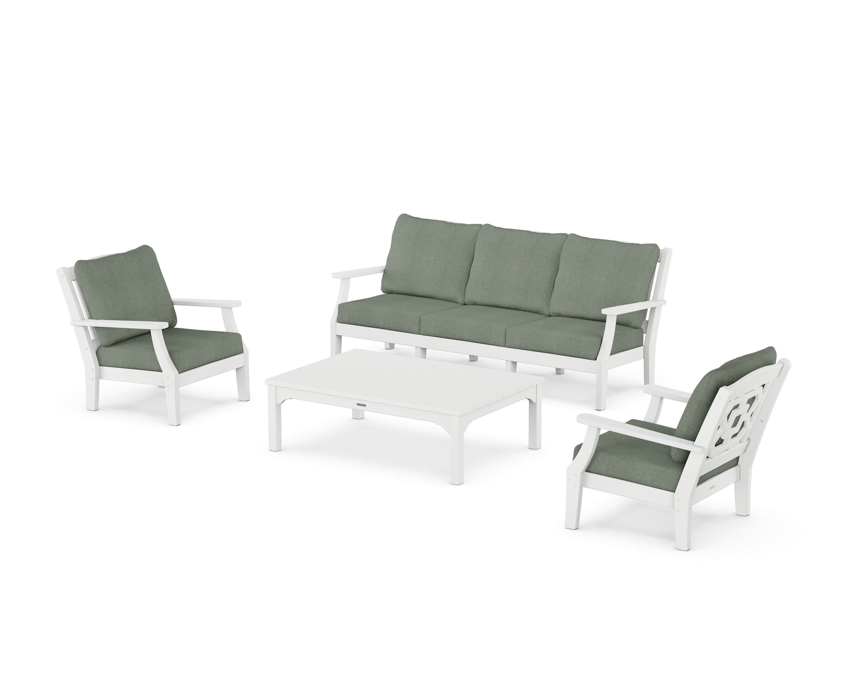 Martha Stewart by POLYWOOD® Chinoiserie 4-Piece Deep Seating Set with Sofa in White / Cast Sage