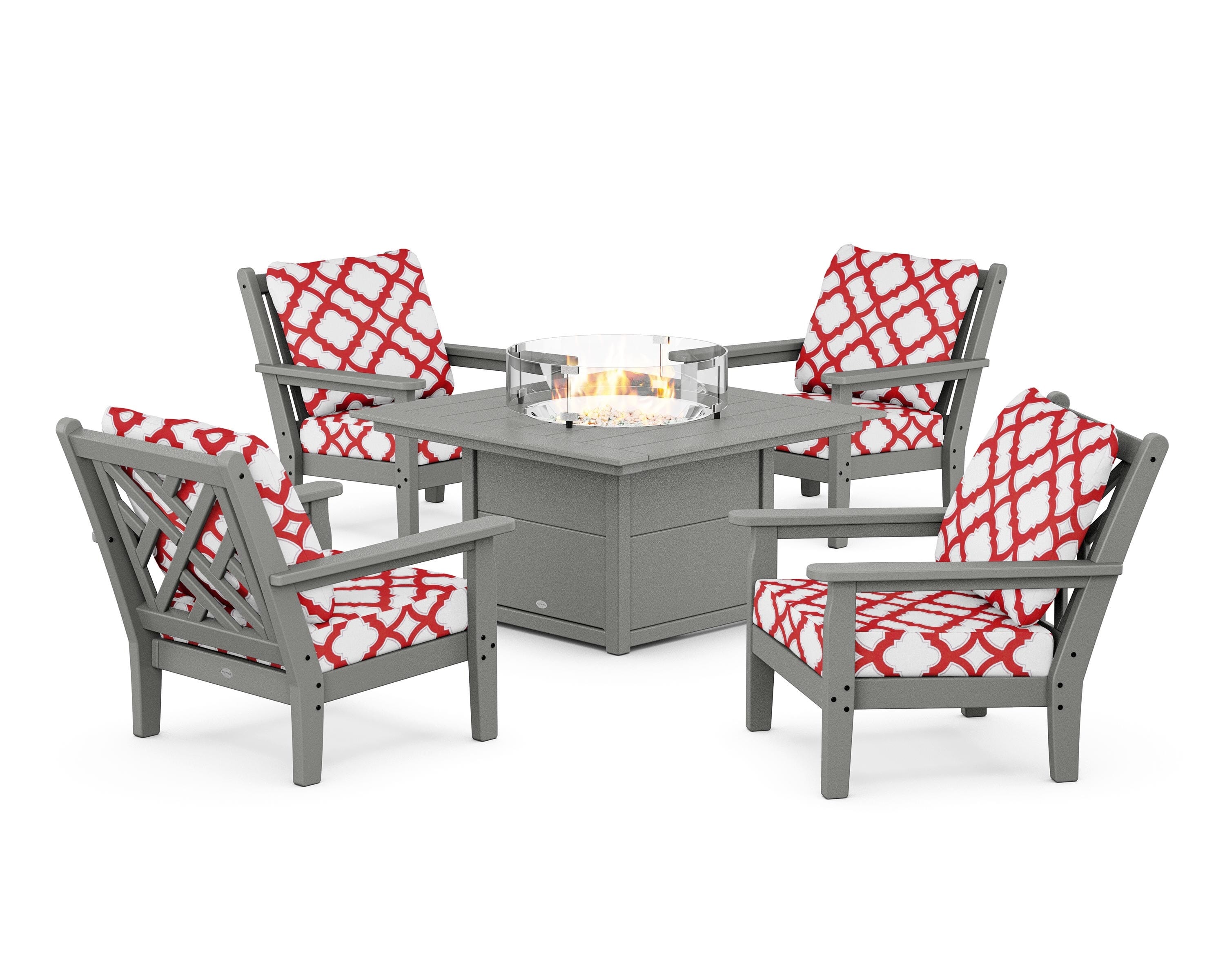 POLYWOOD® Chippendale 5-Piece Deep Seating Set with Fire Pit Table in Slate Grey / Trellis Crimson
