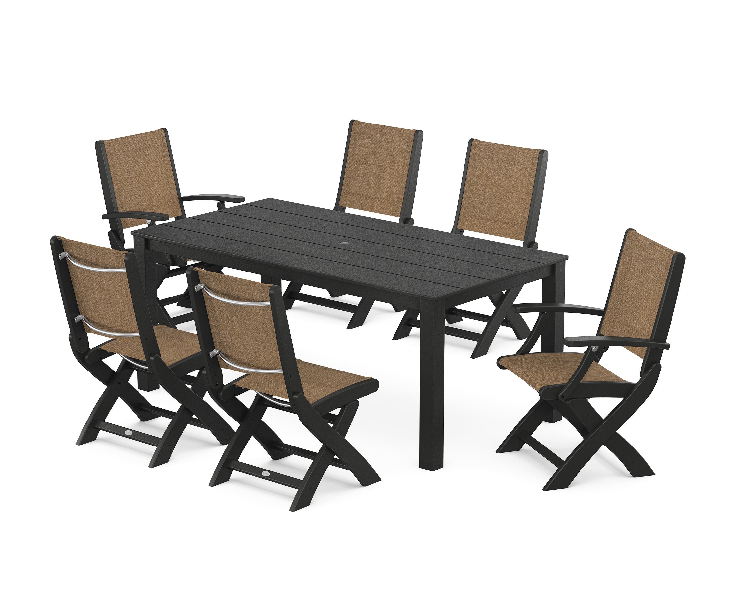 POLYWOOD® Coastal Folding Chair 7-Piece Parsons Dining Set in Black / Burlap Sling