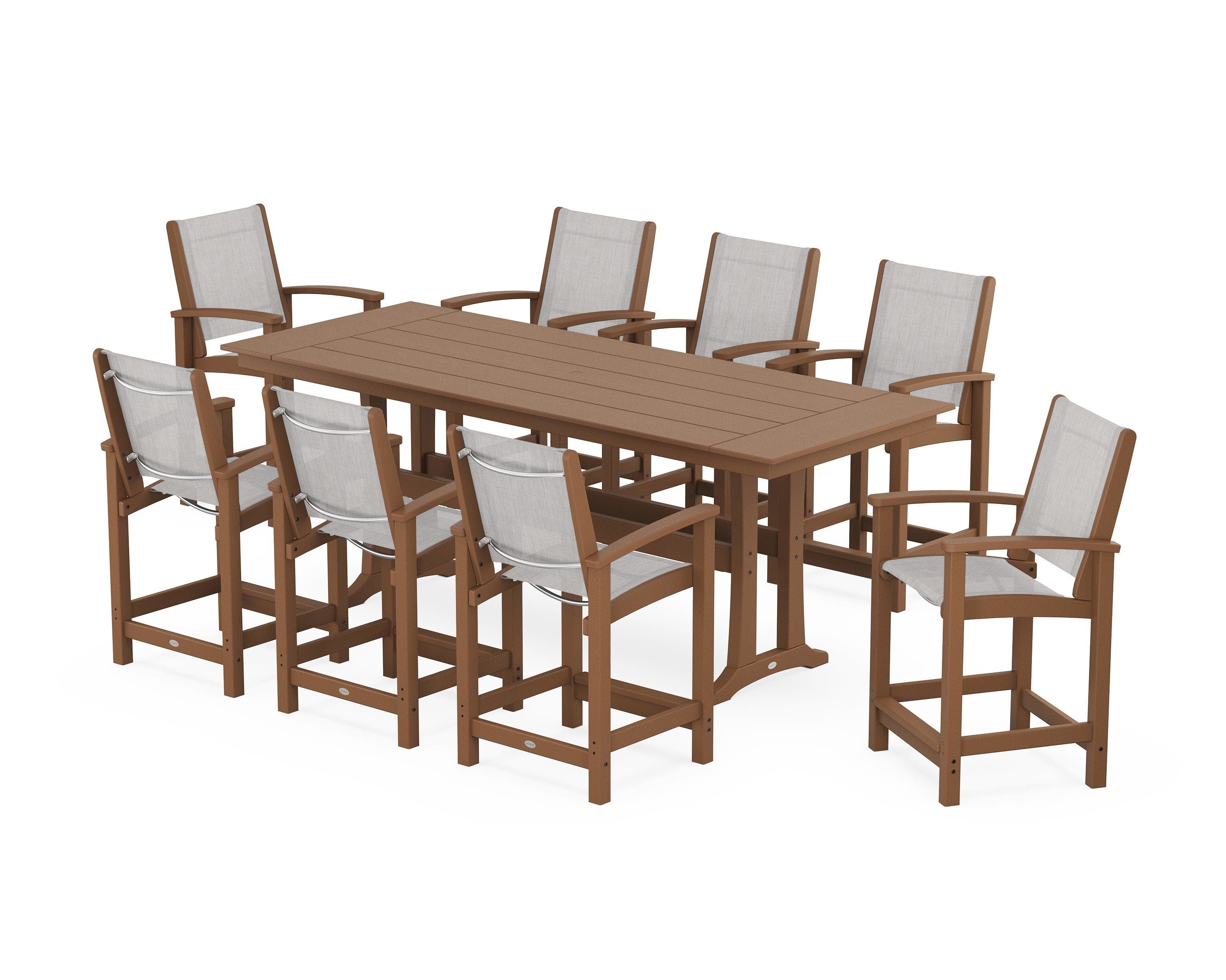 POLYWOOD® Coastal 9-Piece Farmhouse Counter Set with Trestle Legs in Teak / Parchment Sling