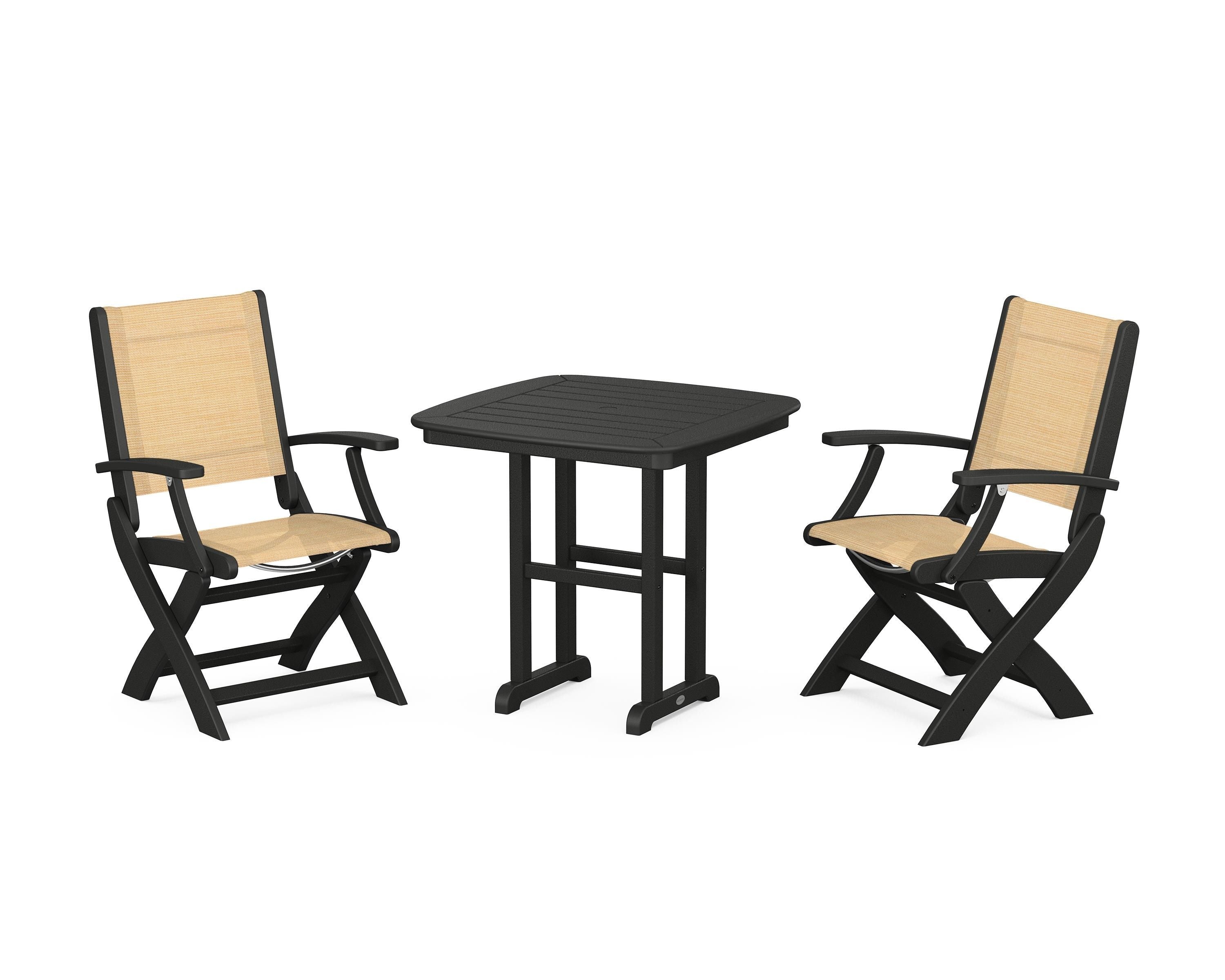 POLYWOOD® Coastal Folding Chair 3-Piece Dining Set in Black / Dupioni Apricot Sling