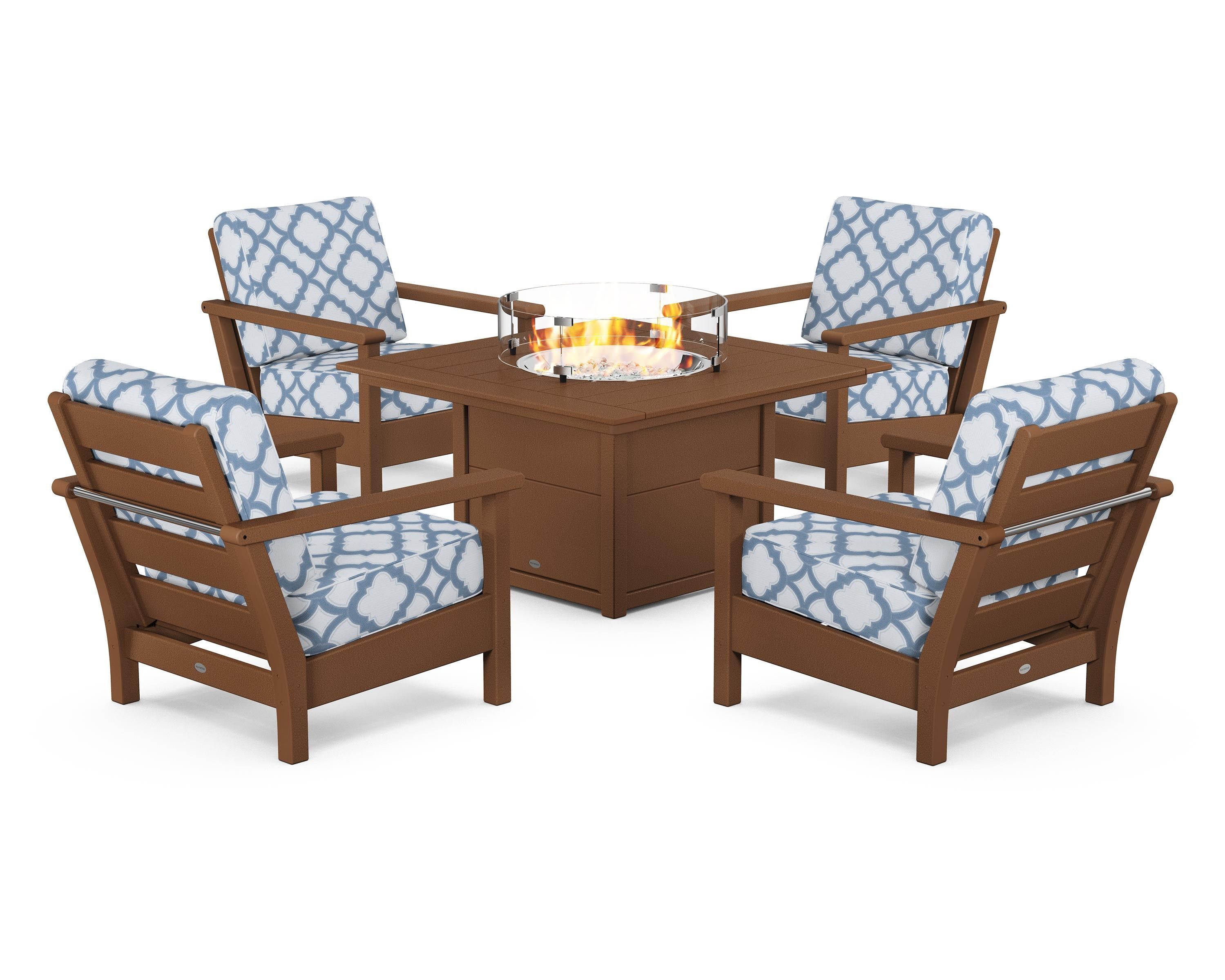POLYWOOD® Harbour 5-Piece Conversation Set with Fire Pit Table in Teak / Trellis Sky Blue