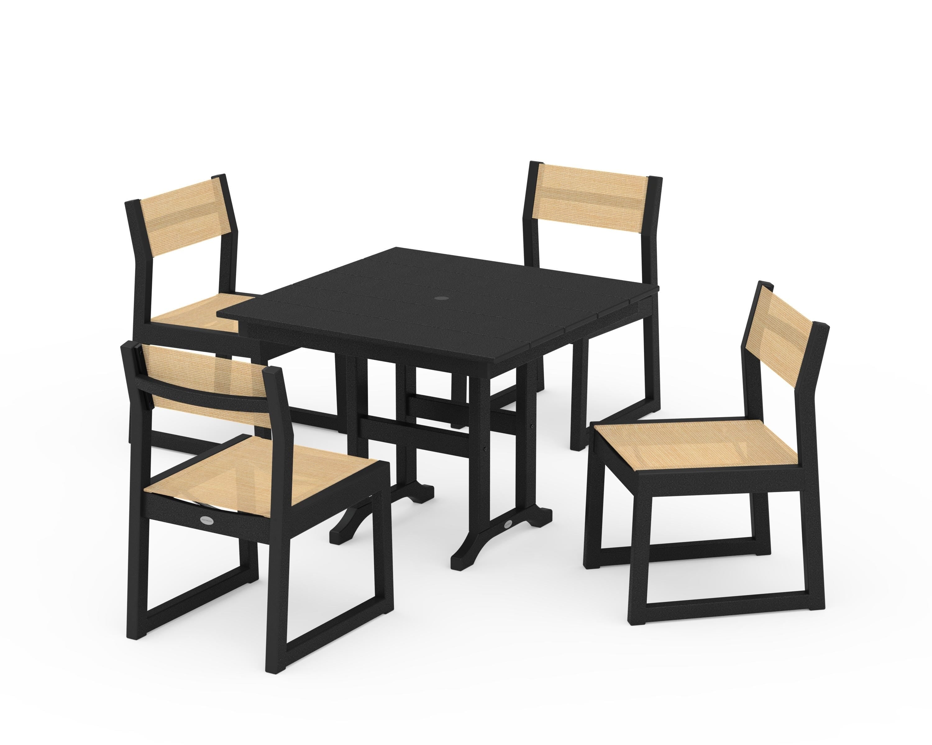 POLYWOOD® EDGE Sling Side Chair 5-Piece Farmhouse Dining Set in Black / Dupioni Apricot Sling