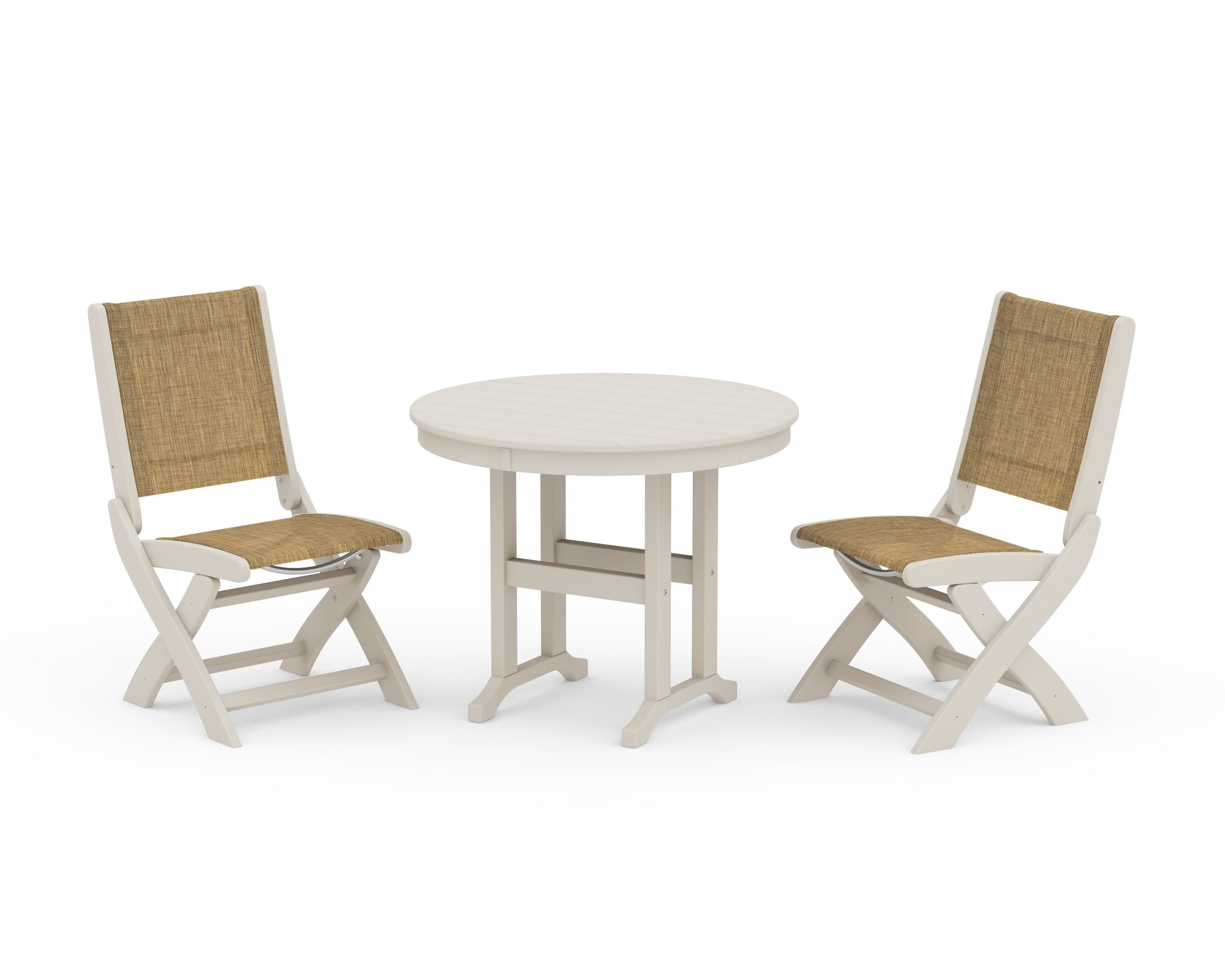 POLYWOOD® Coastal Folding Side Chair 3-Piece Round Dining Set in Sand / Burlap Sling
