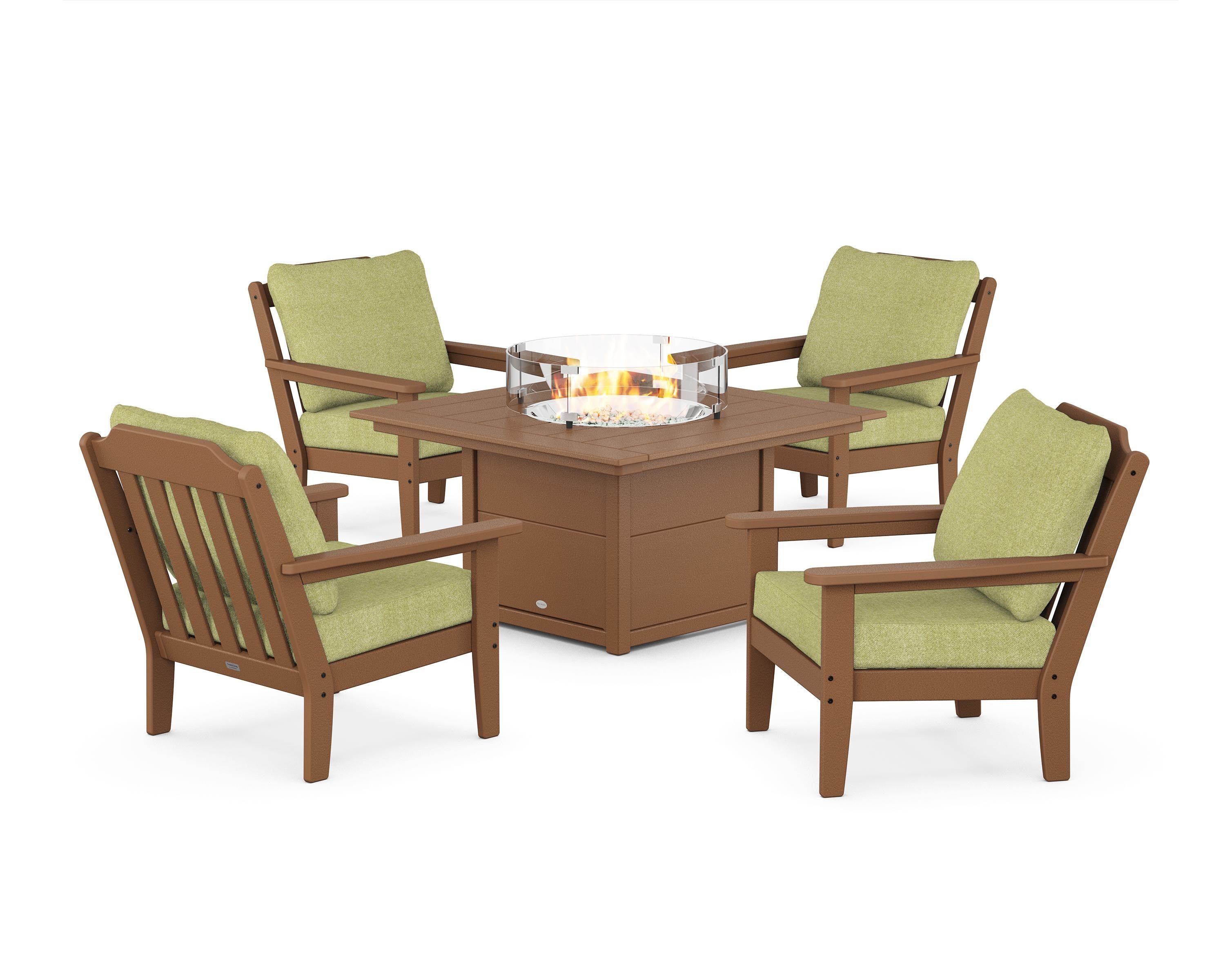 Country Living Cottage 5-Piece Deep Seating Set with Fire Pit Table in Teak / Chartreuse Boucle