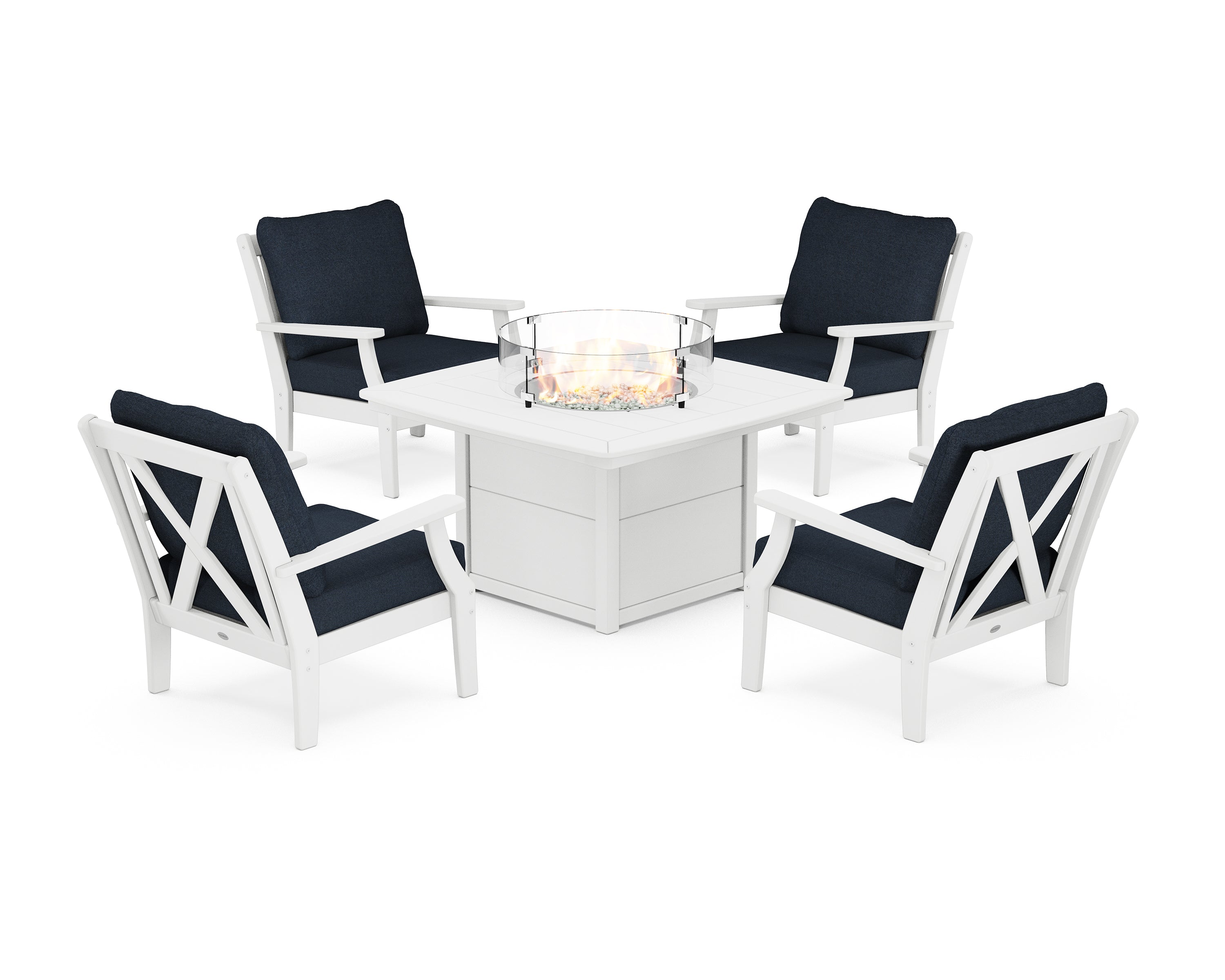 POLYWOOD® Braxton 5-Piece Deep Seating Conversation Set with Fire Pit Table in White / Marine Indigo