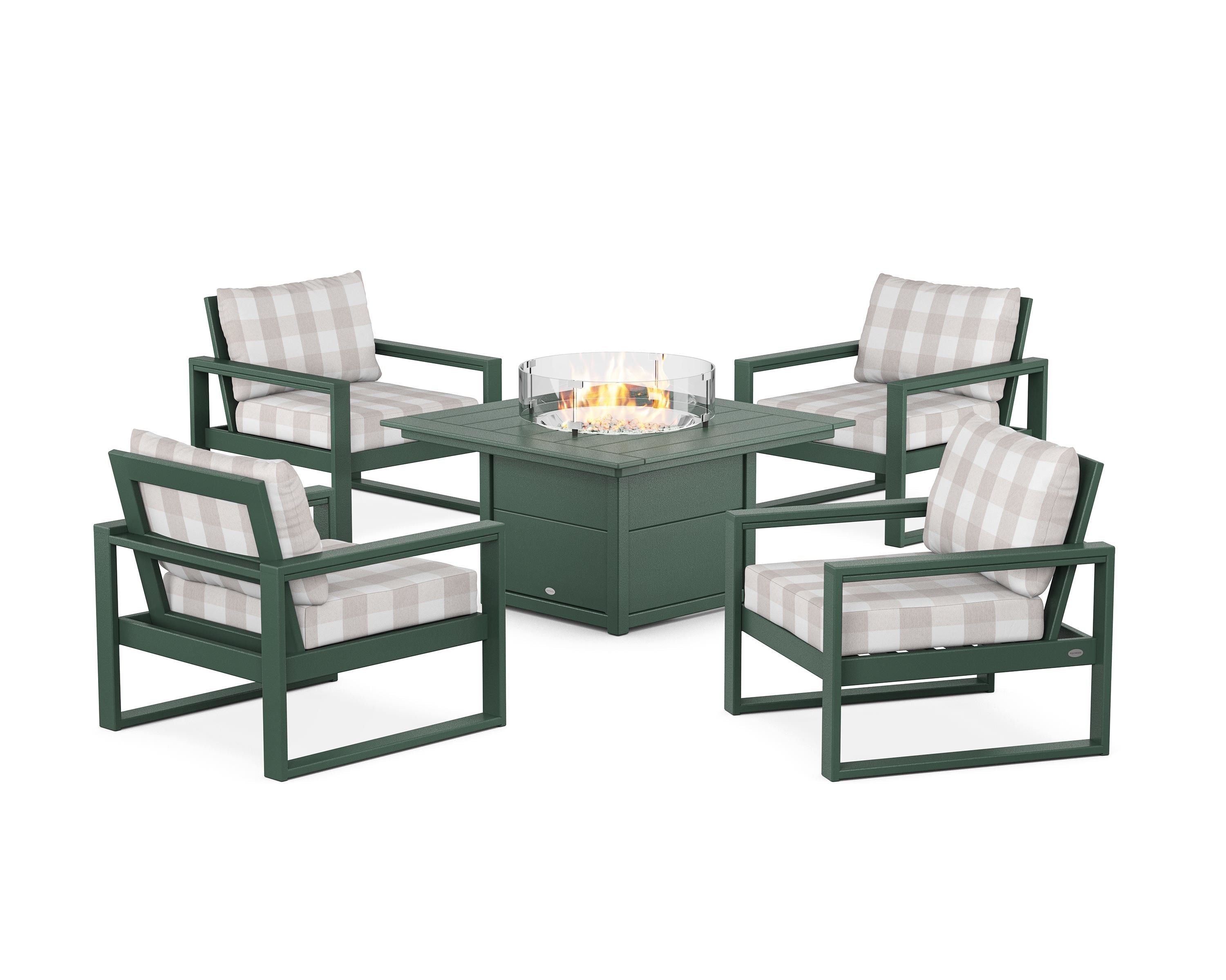 POLYWOOD® EDGE Sectional 5-Piece Deep Seating Set with Fire Pit Table in Green / Buffalo Plaid Dune Burlap