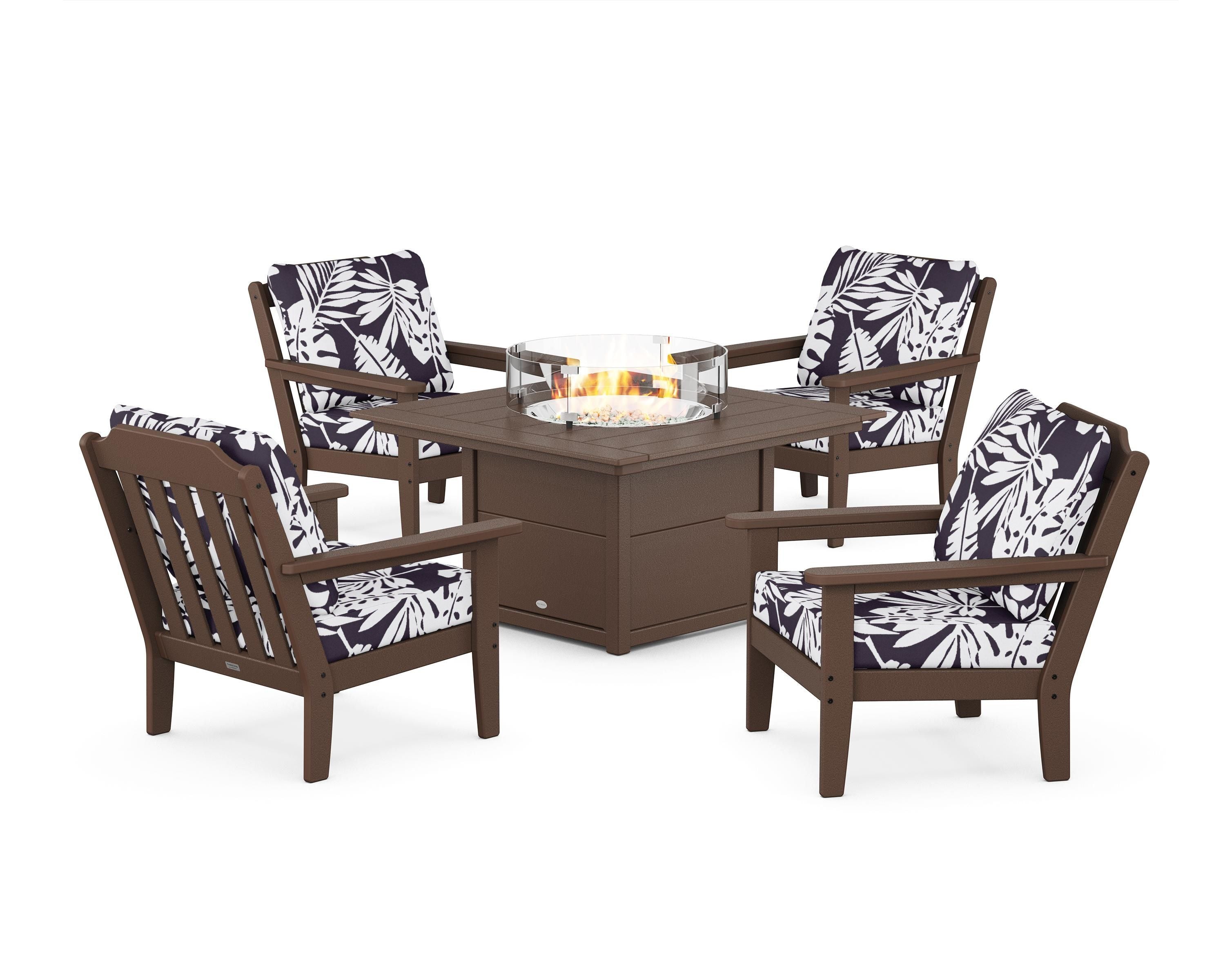 Country Living Cottage 5-Piece Deep Seating Set with Fire Pit Table in Mahogany / Leaf Navy