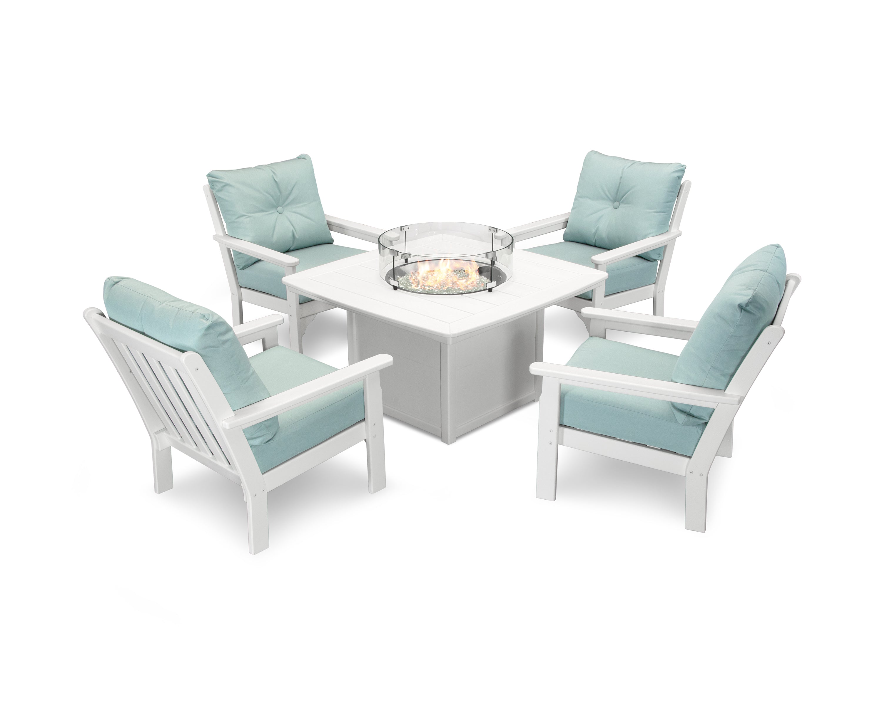 POLYWOOD® Vineyard 5-Piece Conversation Set with Fire Pit Table in White / Spa
