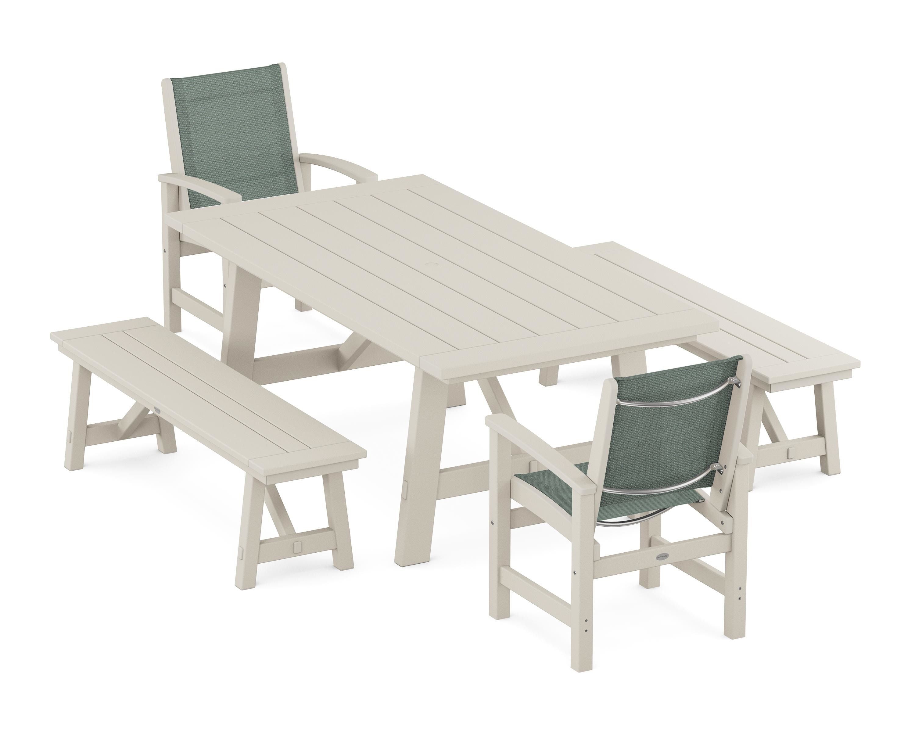POLYWOOD® Coastal 5-Piece Rustic Farmhouse Dining Set With Benches in Sand / Dupioni Sea Mist Sling