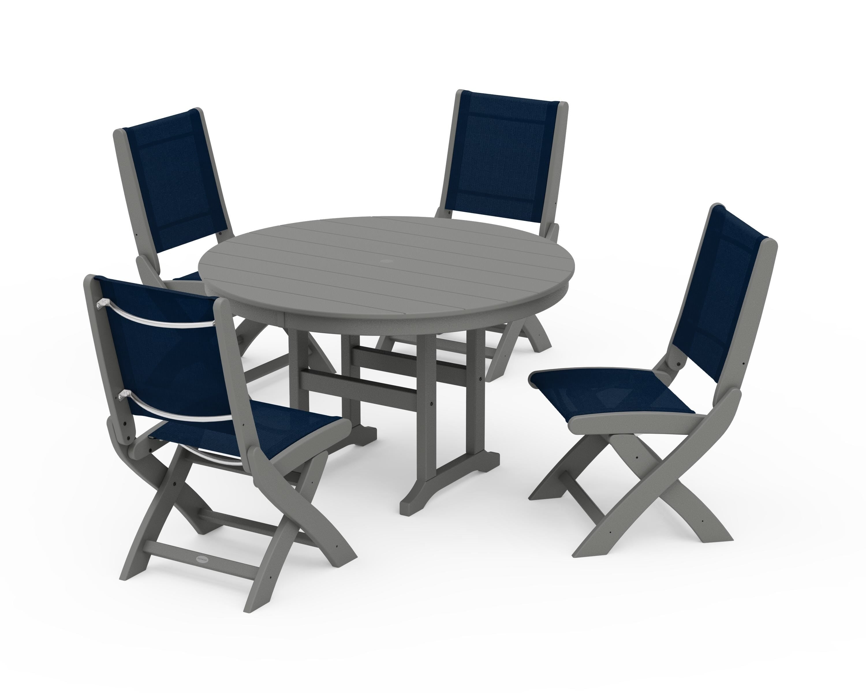 POLYWOOD® Coastal Folding Side Chair 5-Piece Round Dining Set in Slate Grey / Navy Blue Sling