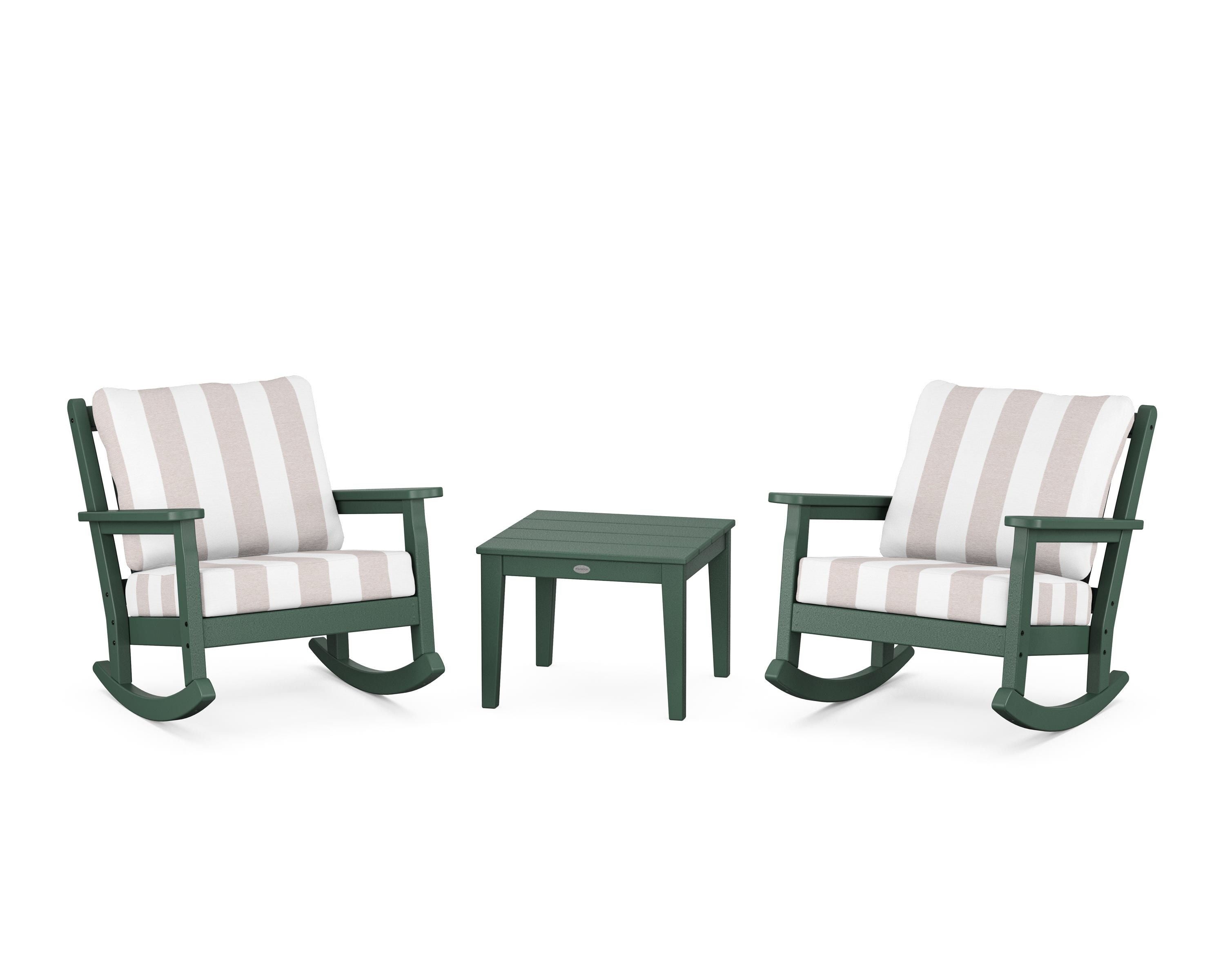 POLYWOOD® Chippendale 3-Piece Deep Seating Rocker Set in Green / Cabana Stripe Dune Burlap