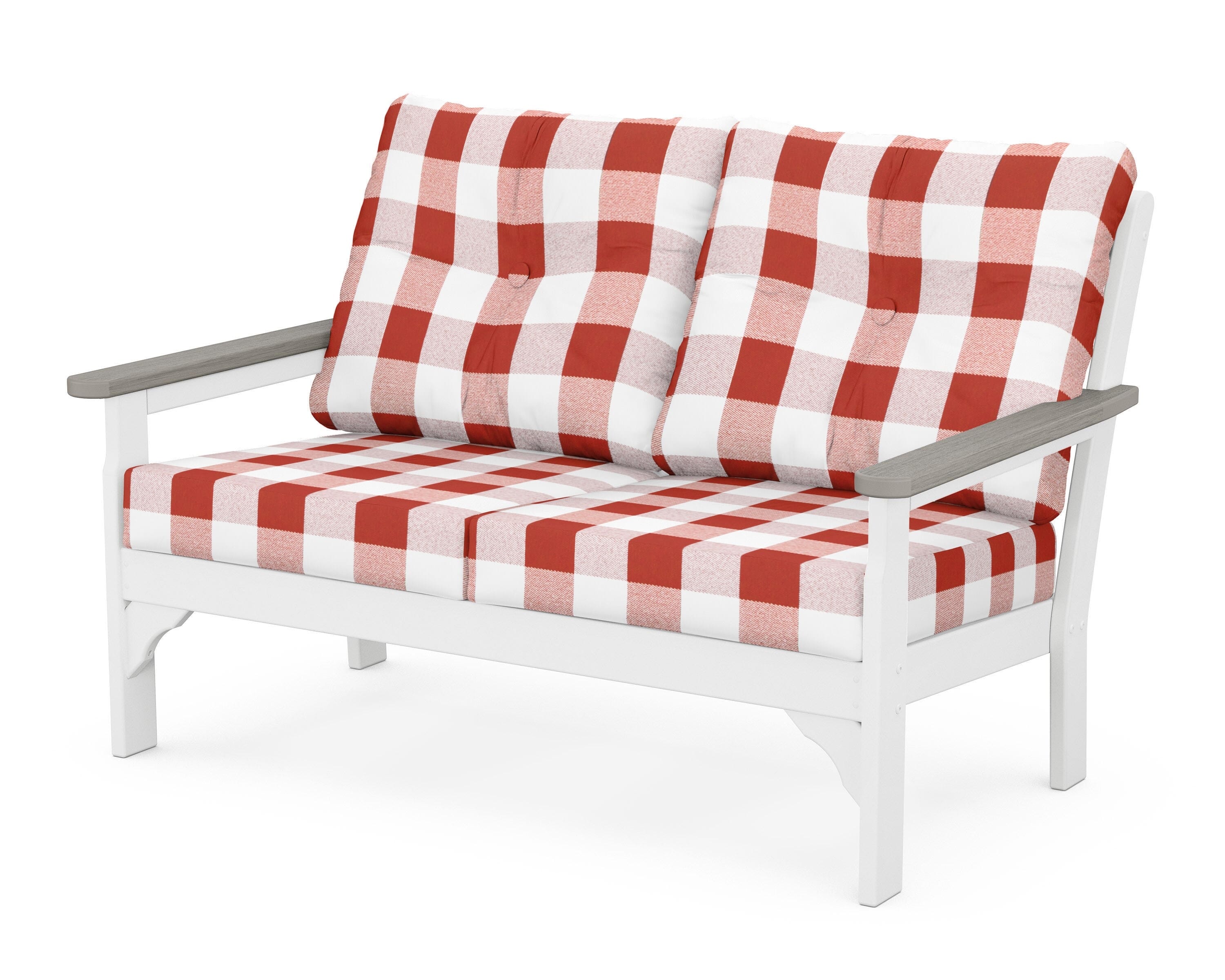 POLYWOOD® Vineyard Deep Seating Loveseat in White / Driftwood / Buffalo Plaid Crimson