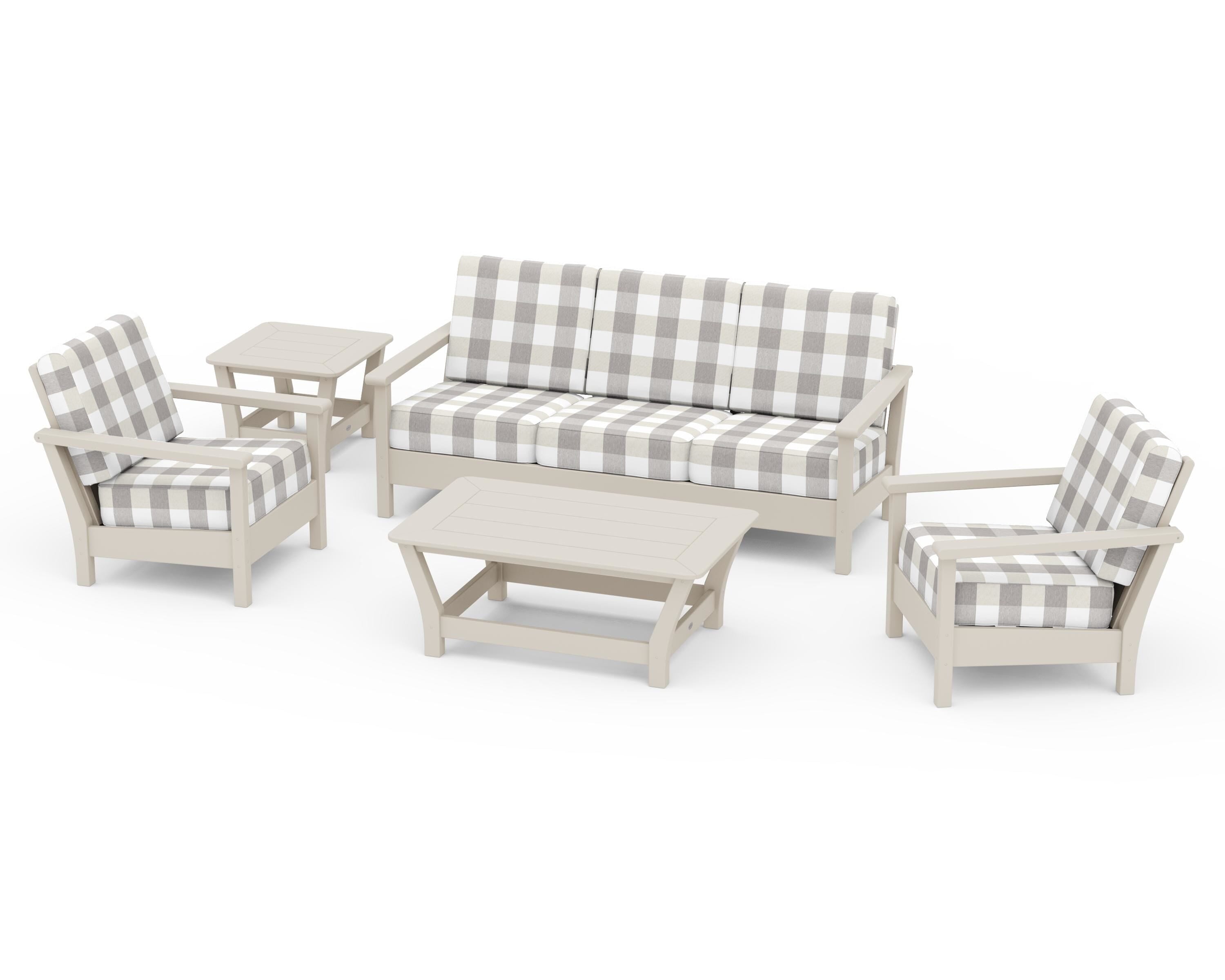 POLYWOOD® Harbour 5-Piece Deep Seating Set in Sand / Buffalo Plaid Grey Mist