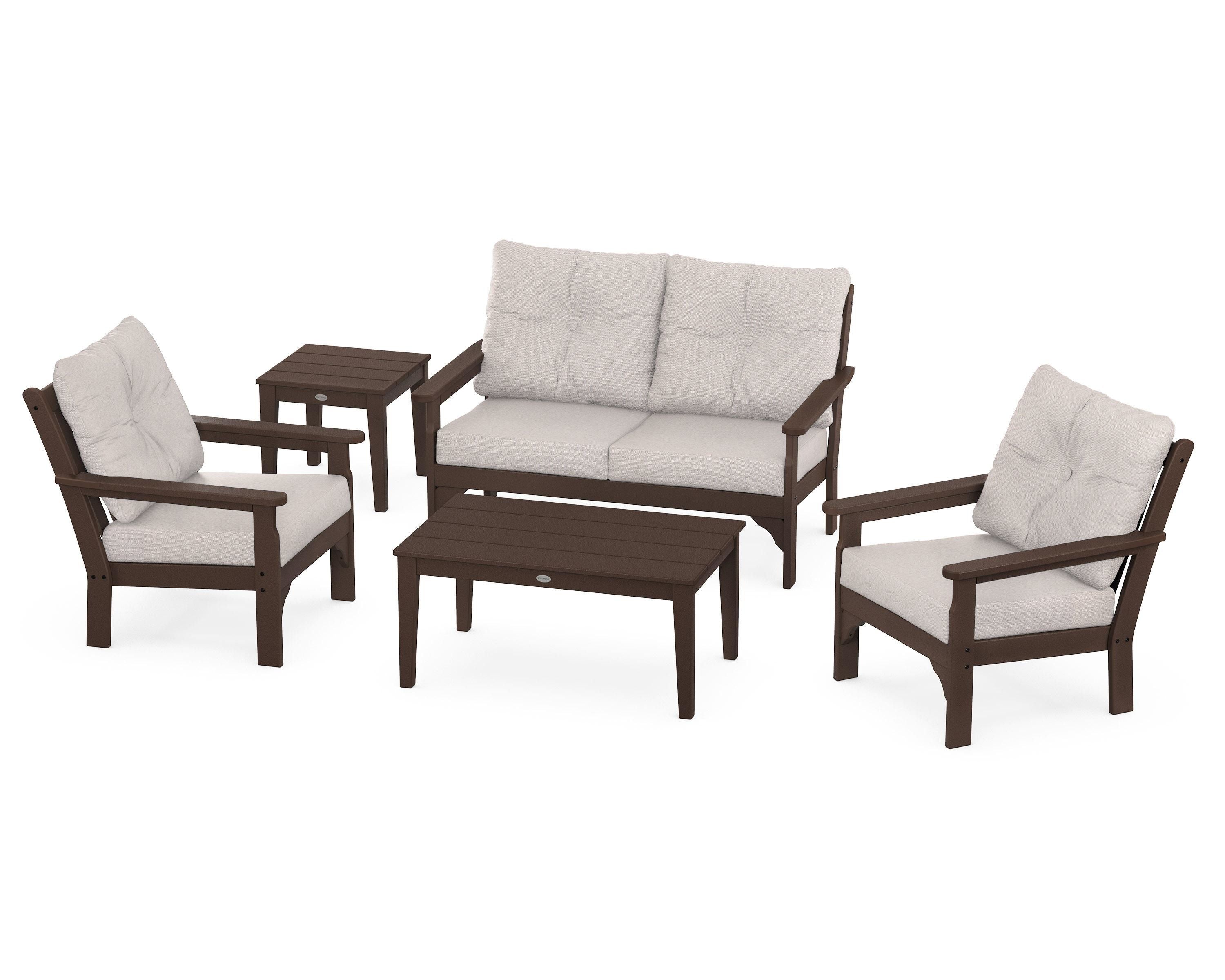 POLYWOOD® Vineyard 5-Piece Deep Seating Set in Mahogany / Dune Burlap