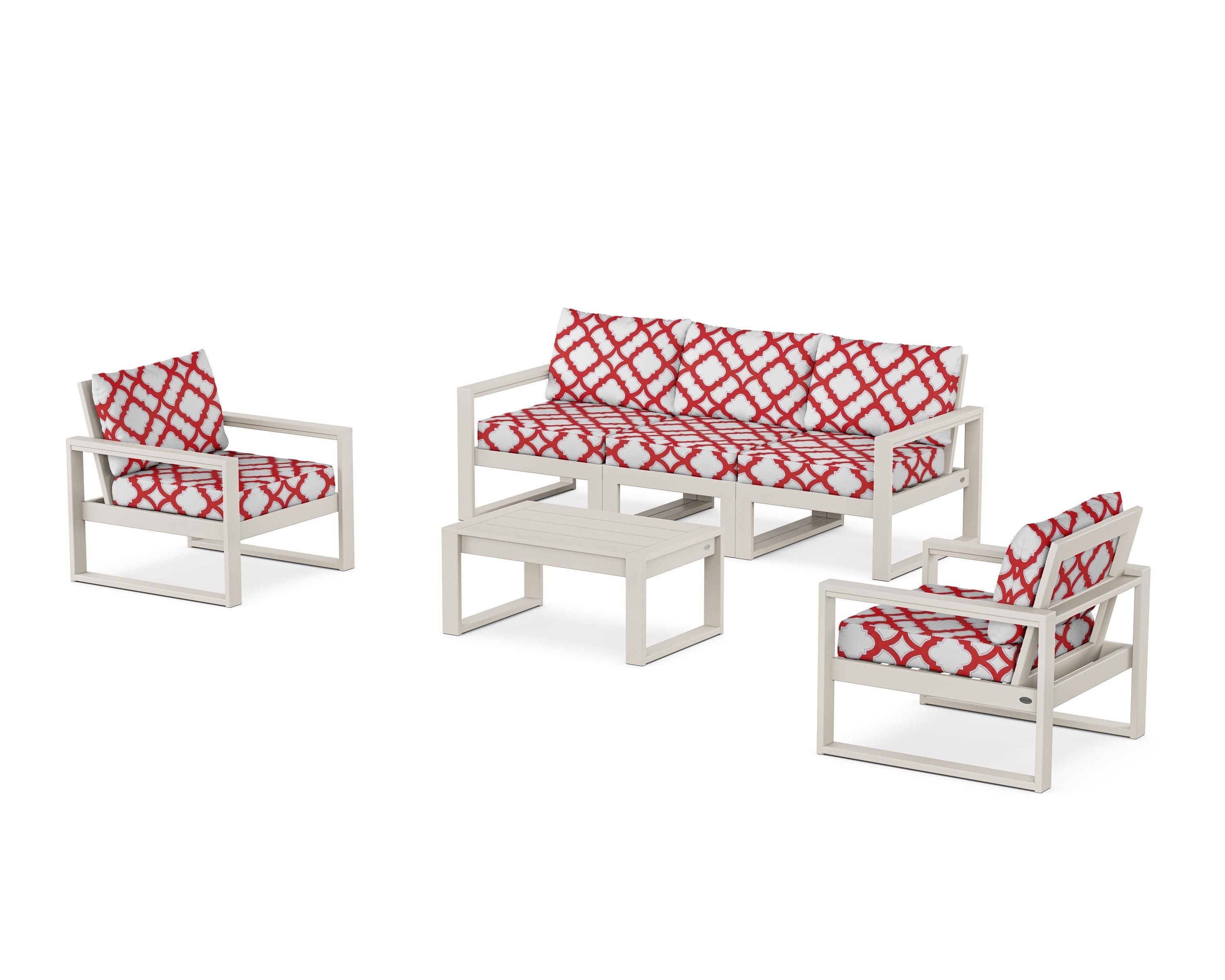 POLYWOOD® EDGE Sectional 4-Piece Deep Seating Set with Sofa in Sand / Trellis Crimson