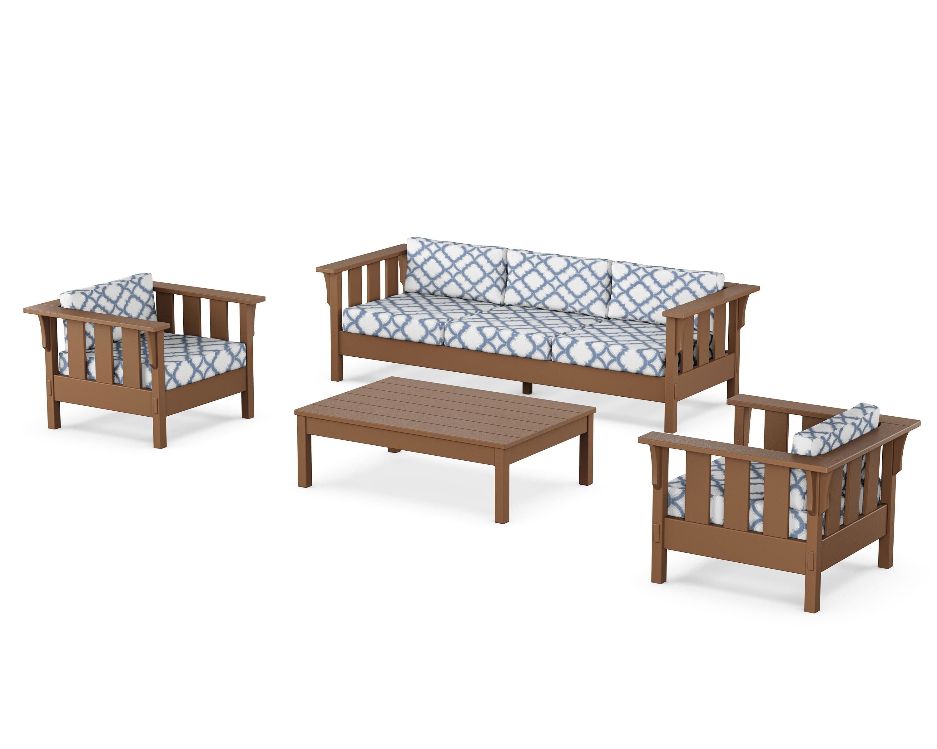 Martha Stewart by POLYWOOD® Acadia 4-Piece Deep Seating Set with Sofa in Teak / Trellis Sky Blue