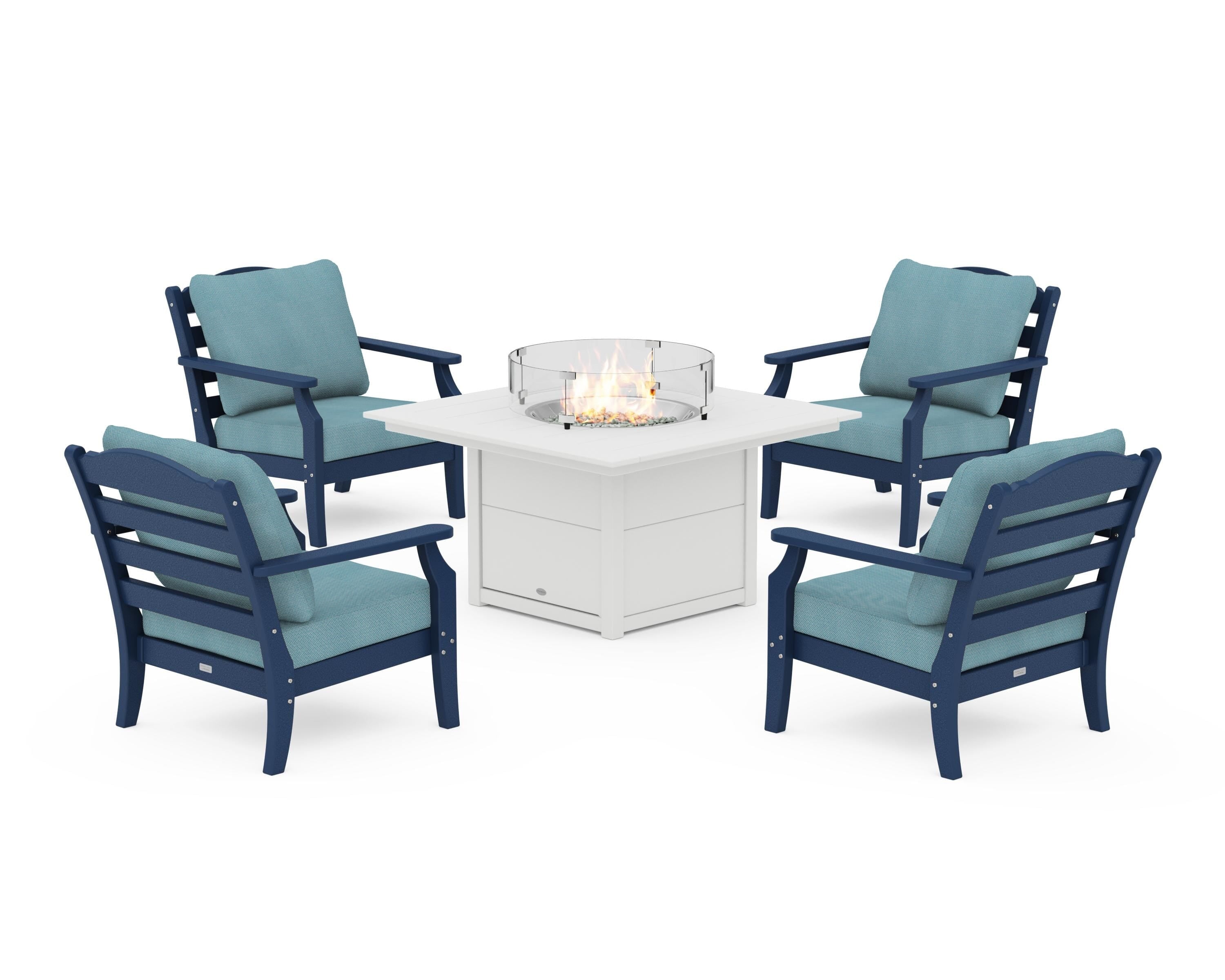Draper James™ by POLYWOOD® Savannah 5-Piece Deep Seating Set with Fire Pit Table in Navy / Lattice Sky Blue