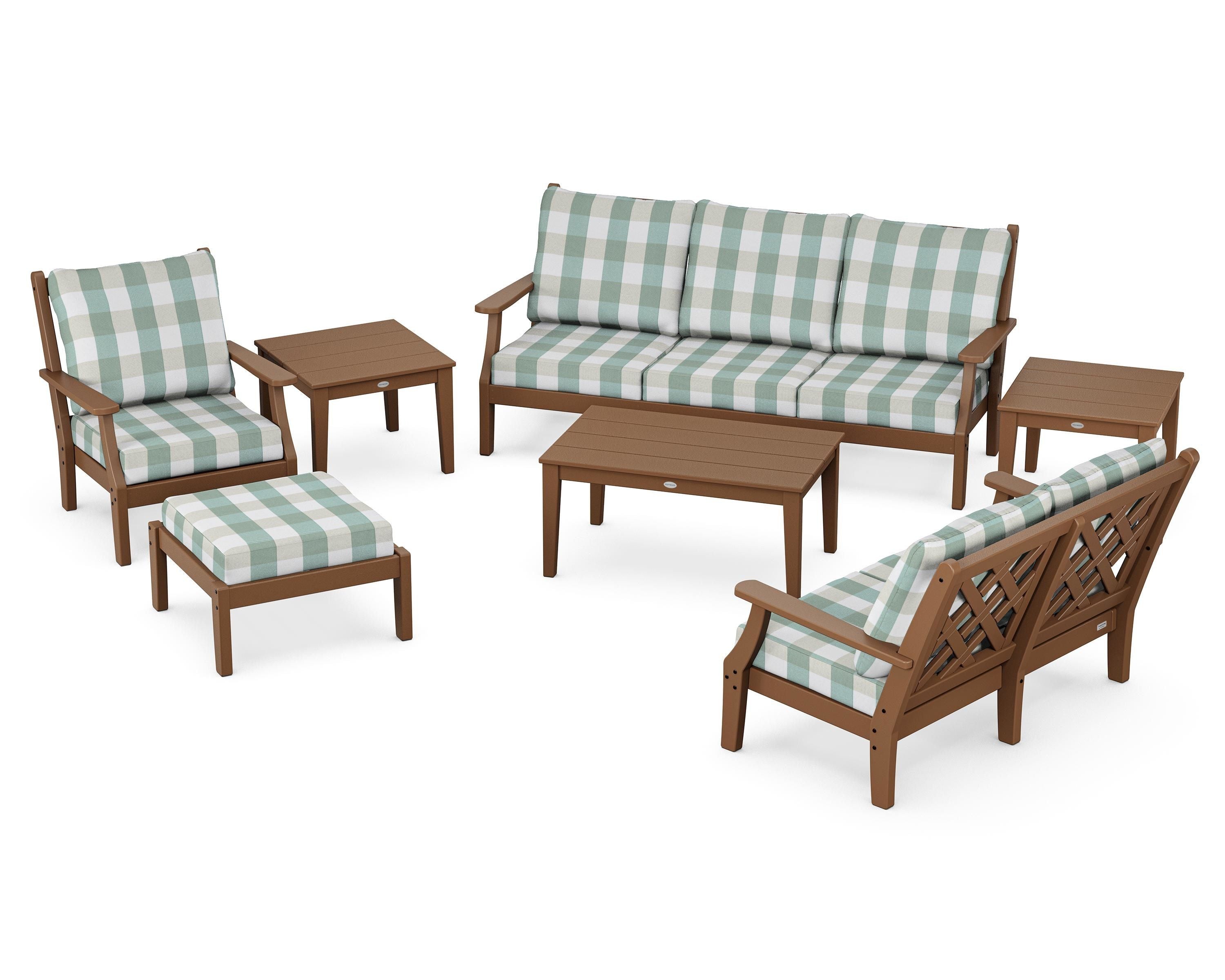 Country Living Wovendale 7-Piece Deep Seating Set in Teak / Buffalo Plaid Glacier Spa