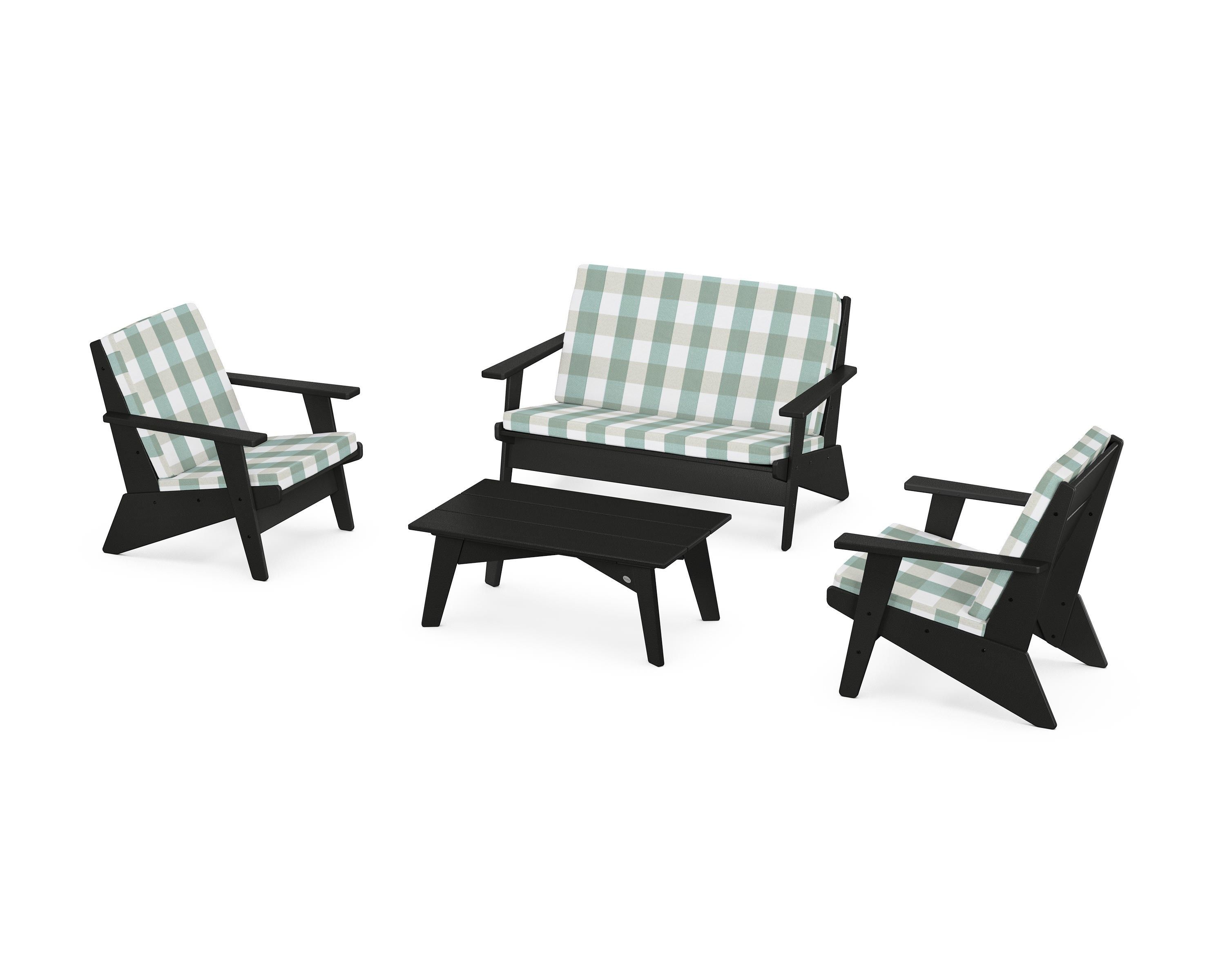 POLYWOOD® Riviera Modern Lounge 4-Piece Set in Black / Buffalo Plaid Glacier Spa
