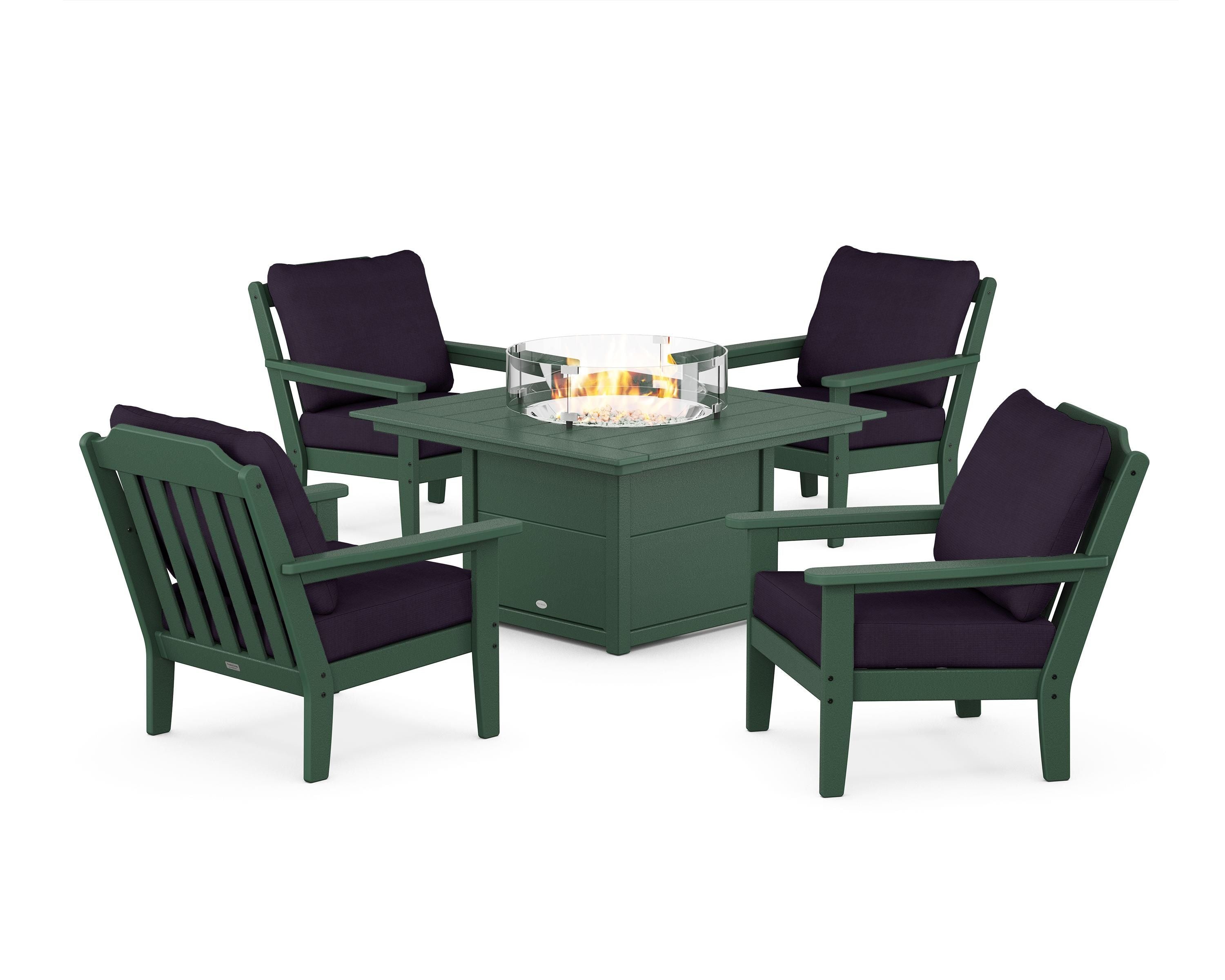 Country Living Cottage 5-Piece Deep Seating Set with Fire Pit Table in Green / Navy Linen