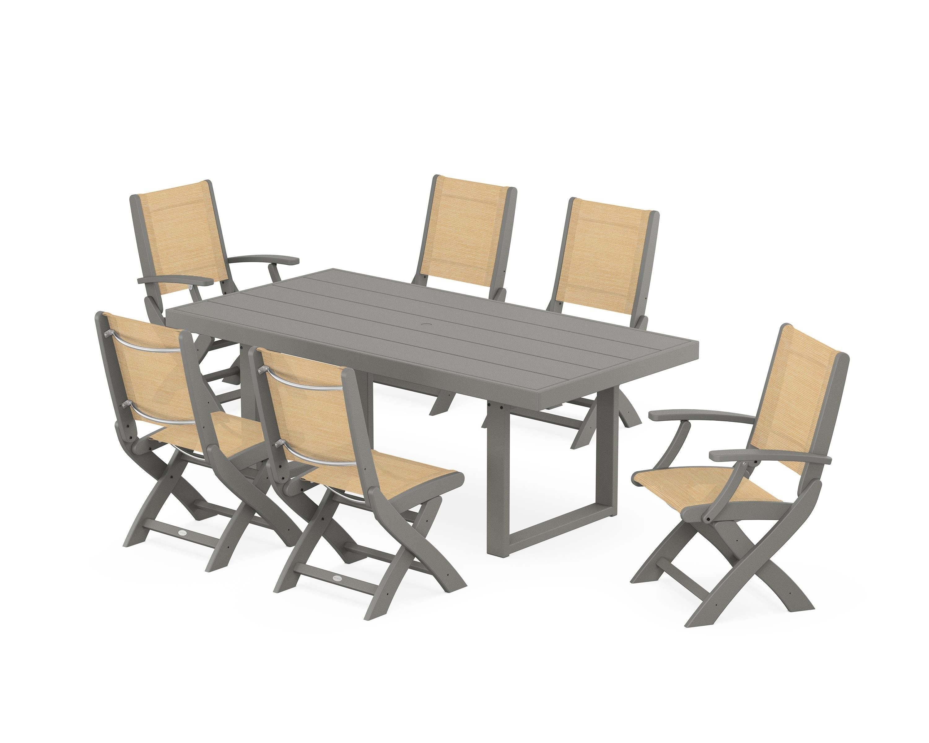 POLYWOOD® Coastal Folding Chair 7-Piece Dining Set with Trestle Legs in Slate Grey / Dupioni Apricot Sling