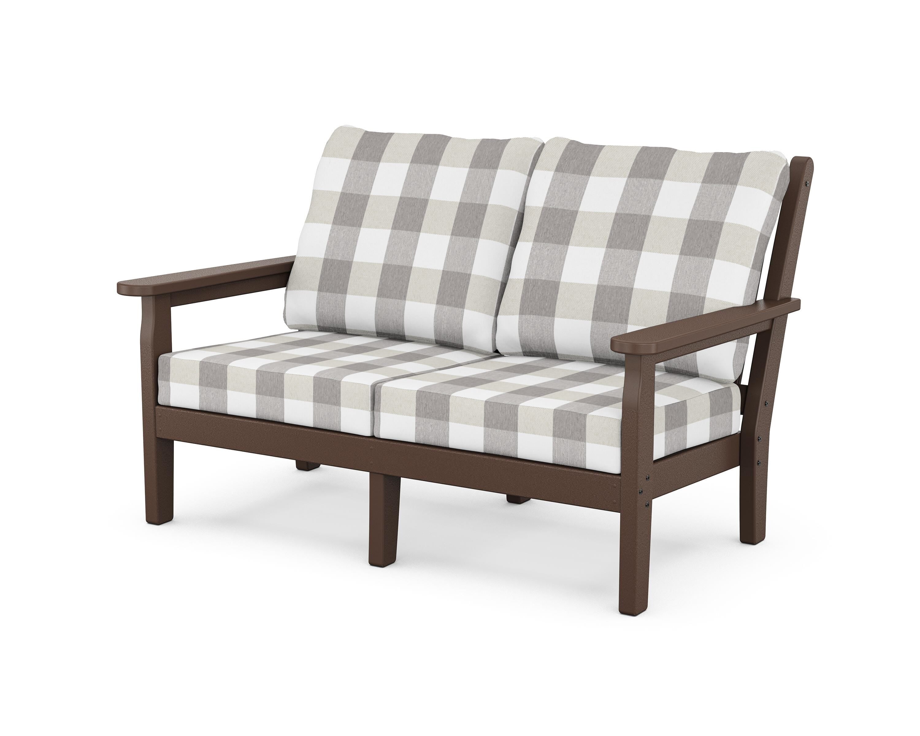 POLYWOOD® Chippendale Deep Seating Loveseat in Mahogany / Buffalo Plaid Grey Mist