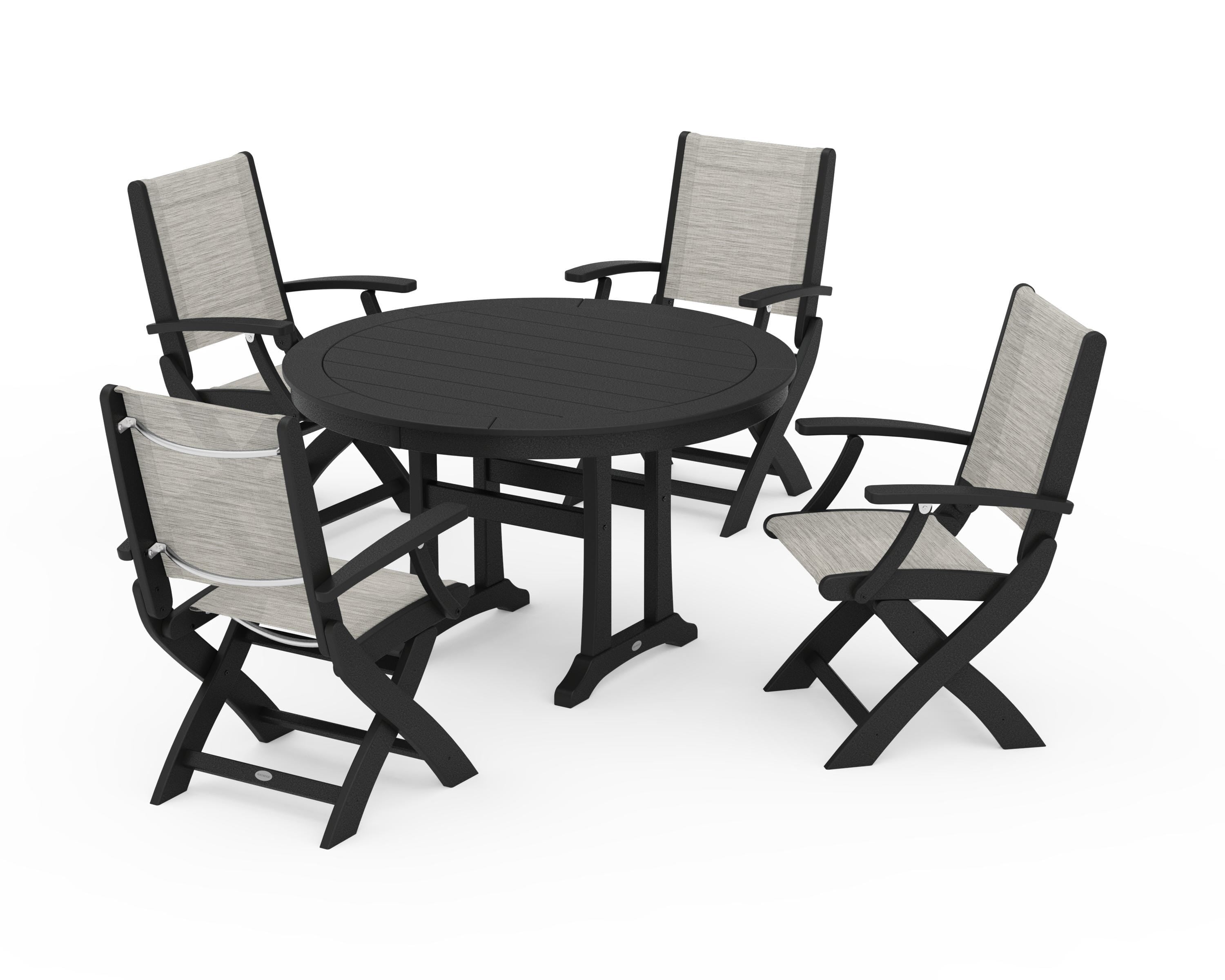 POLYWOOD® Coastal Folding Chair 5-Piece Round Dining Set with Trestle Legs in Black / Birch Sling