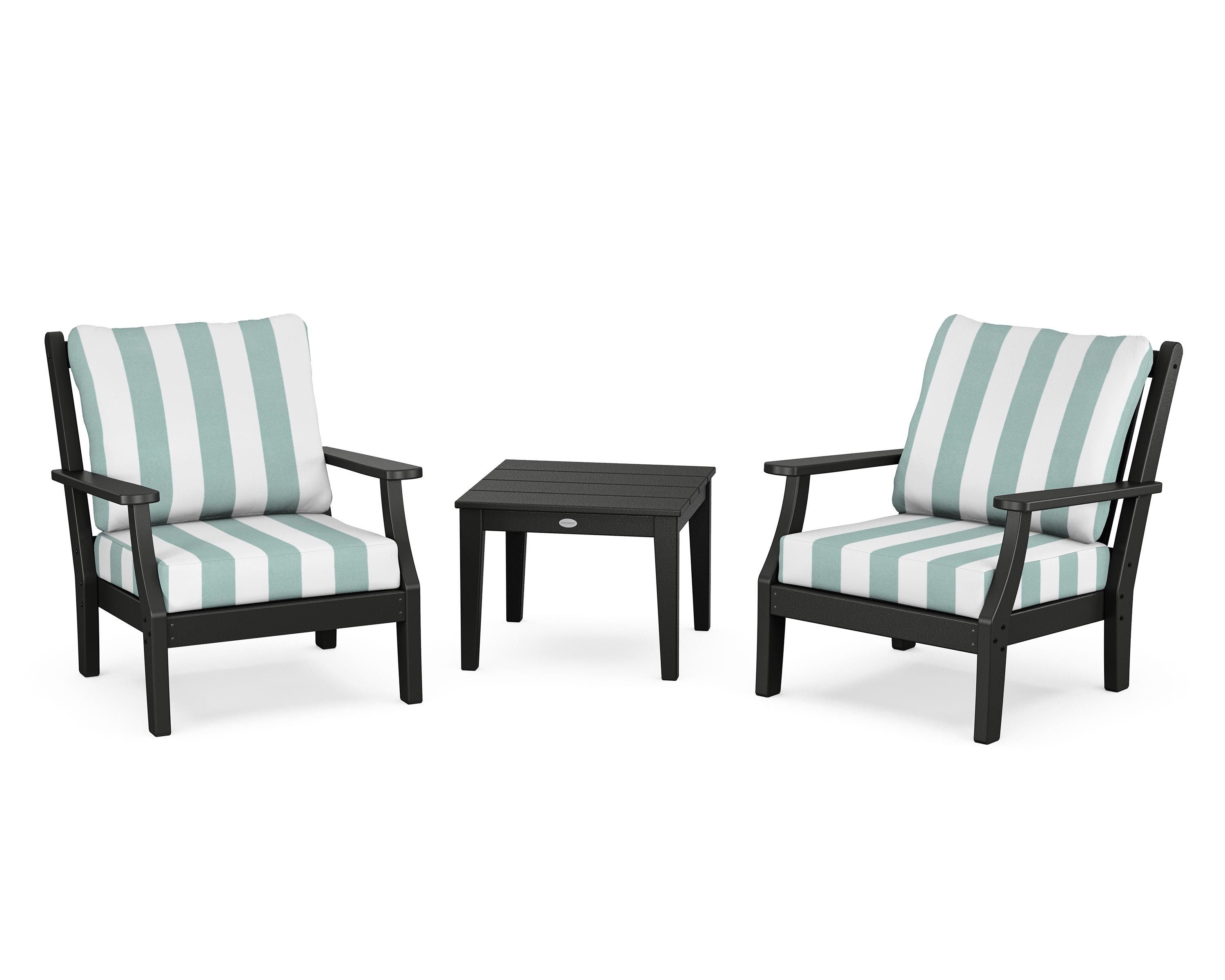 Country Living Wovendale 3-Piece Deep Seating Set in Black / Cabana Stripe Glacier Spa