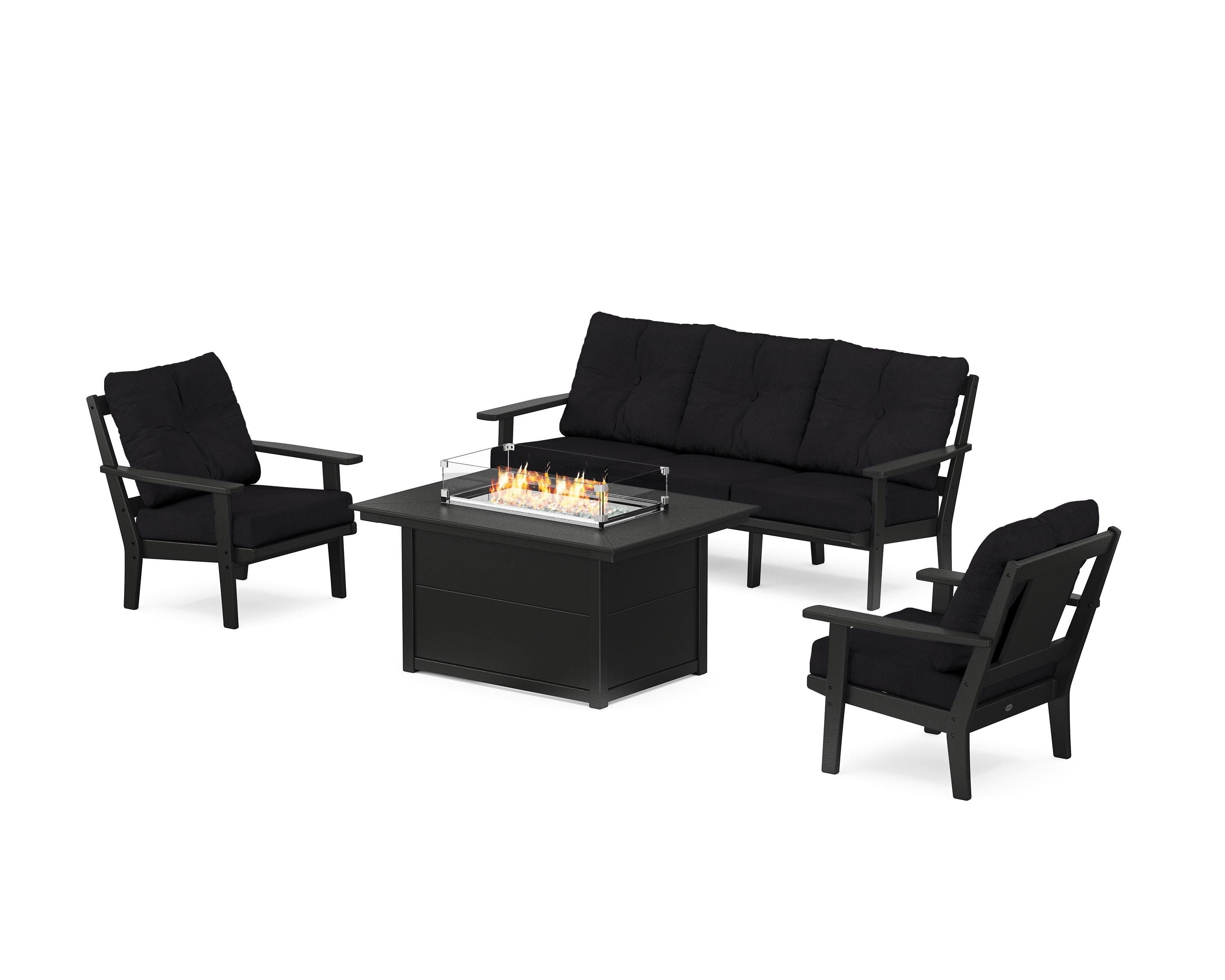 POLYWOOD® Prairie Deep Seating Fire Pit Table Set in Black / Midnight Linen