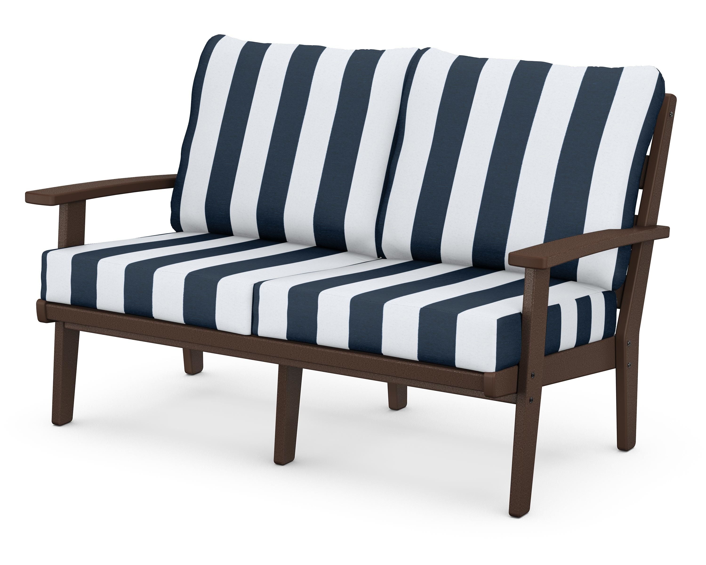 POLYWOOD® Grant Park Deep Seating Loveseat in Mahogany / Cabana Stripe Marine Indigo