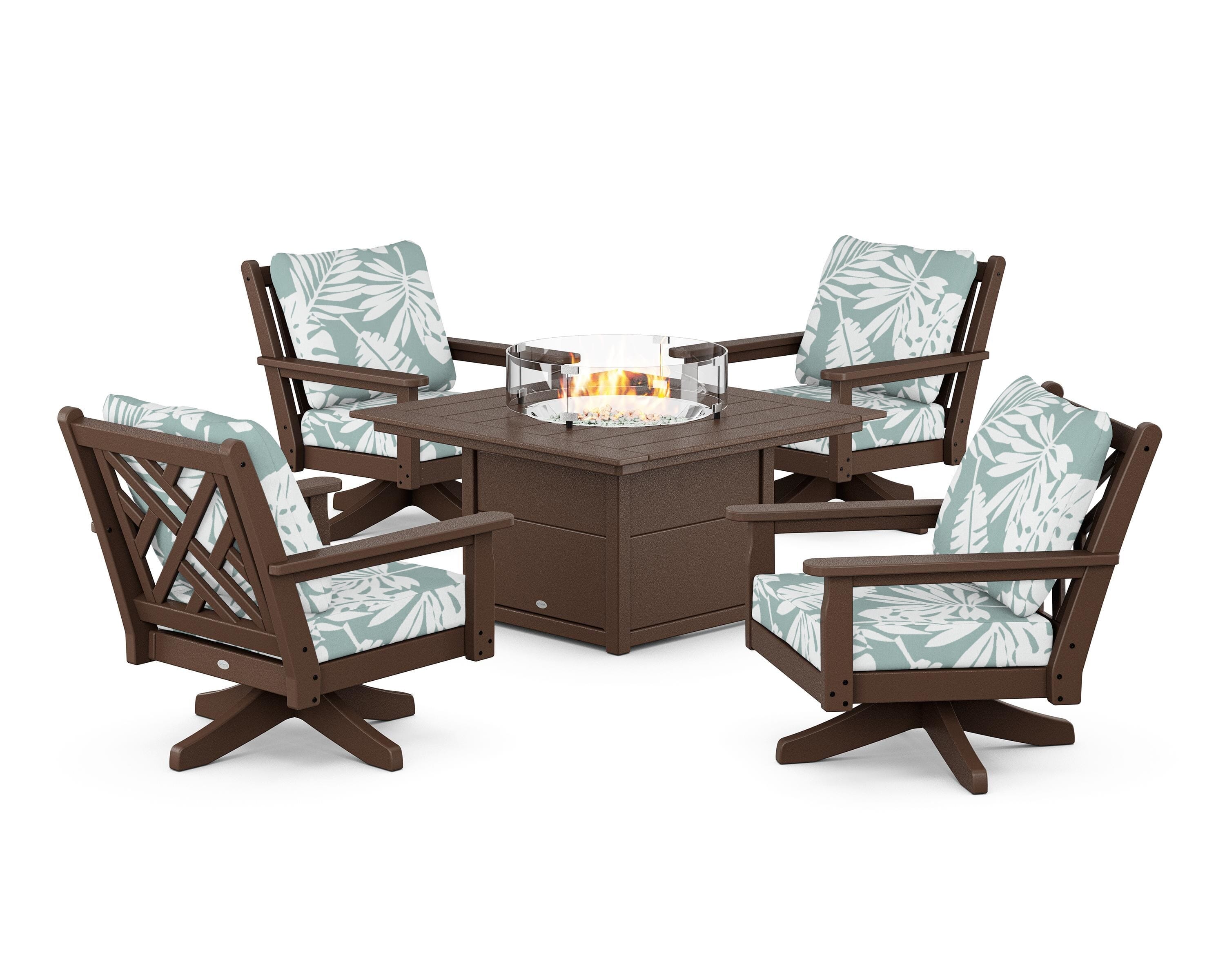 POLYWOOD® Chippendale 5-Piece Deep Seating Swivel Conversation Set with Fire Pit Table in Mahogany / Leaf Glacier Spa
