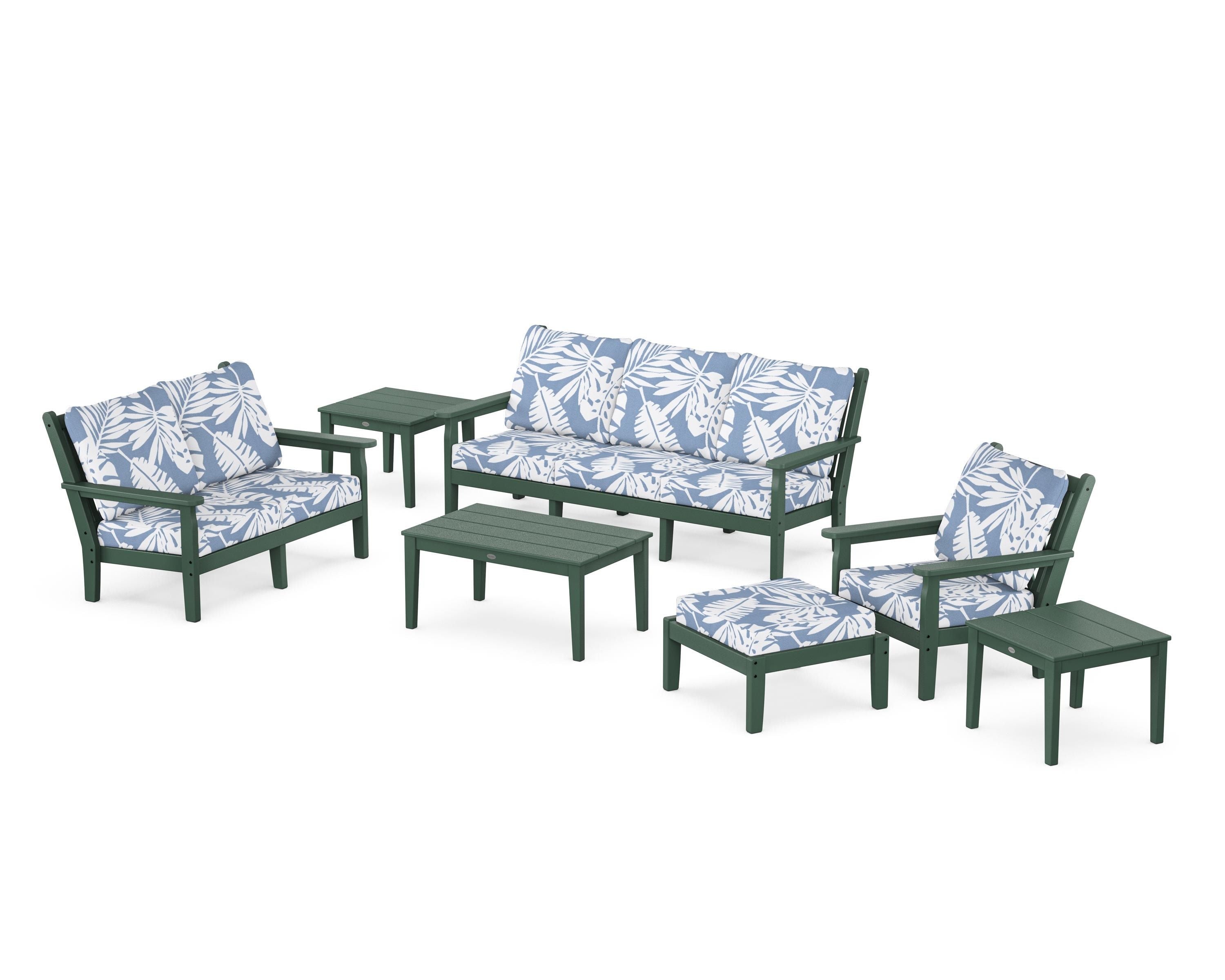 POLYWOOD® Chippendale 7-Piece Deep Seating Set in Green / Leaf Sky Blue
