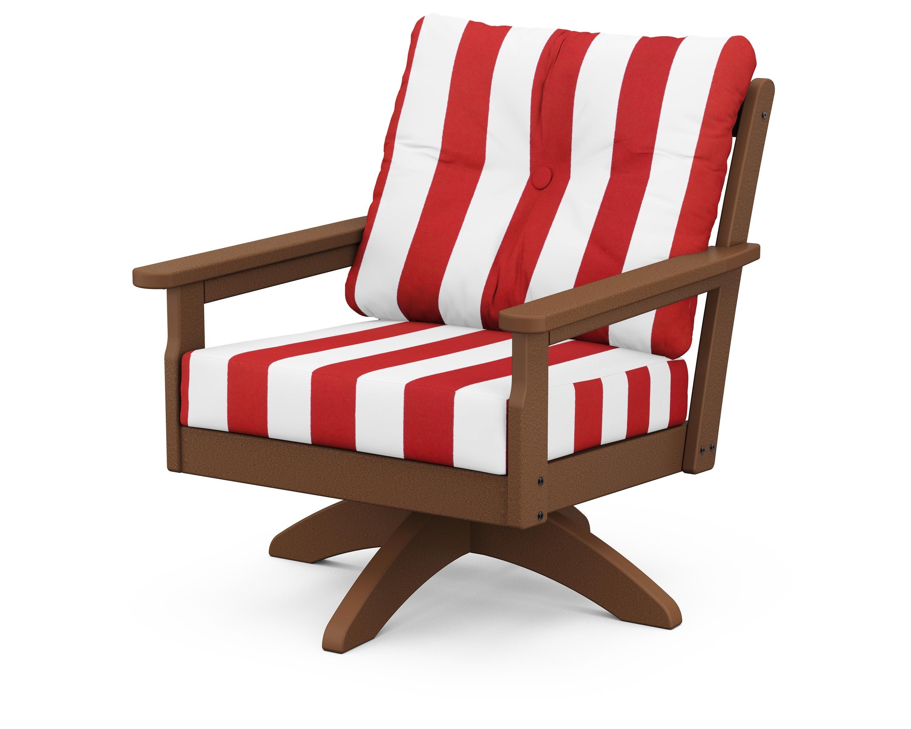 POLYWOOD® Vineyard Deep Seating Swivel Chair in Teak / Cabana Stripe Crimson