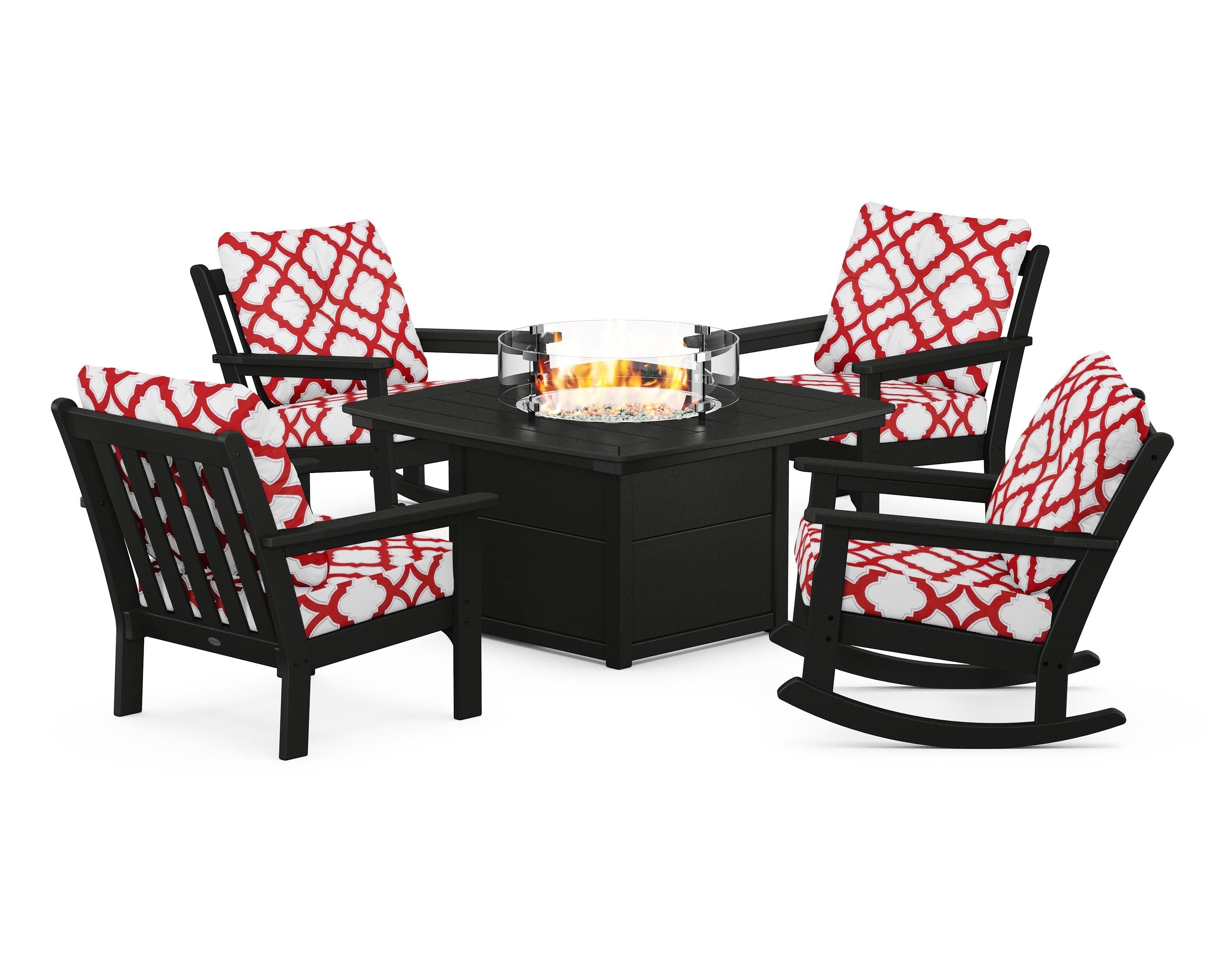 POLYWOOD® Vineyard 5-Piece Deep Seating Rocking Chair Conversation Set with Fire Pit Table in Black / Trellis Crimson