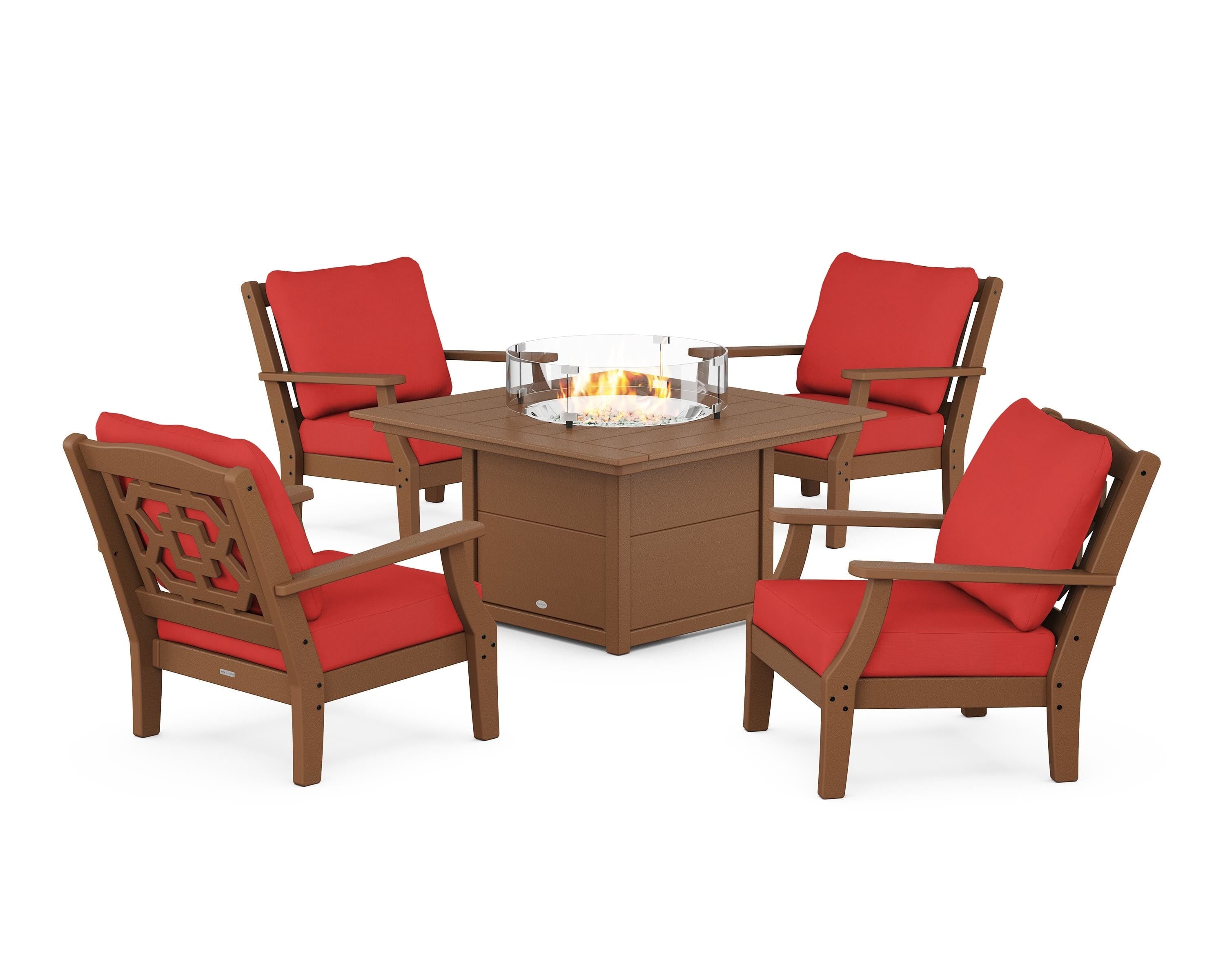 Martha Stewart by POLYWOOD® Chinoiserie 5-Piece Deep Seating Set with Fire Pit Table in Teak / Crimson Linen