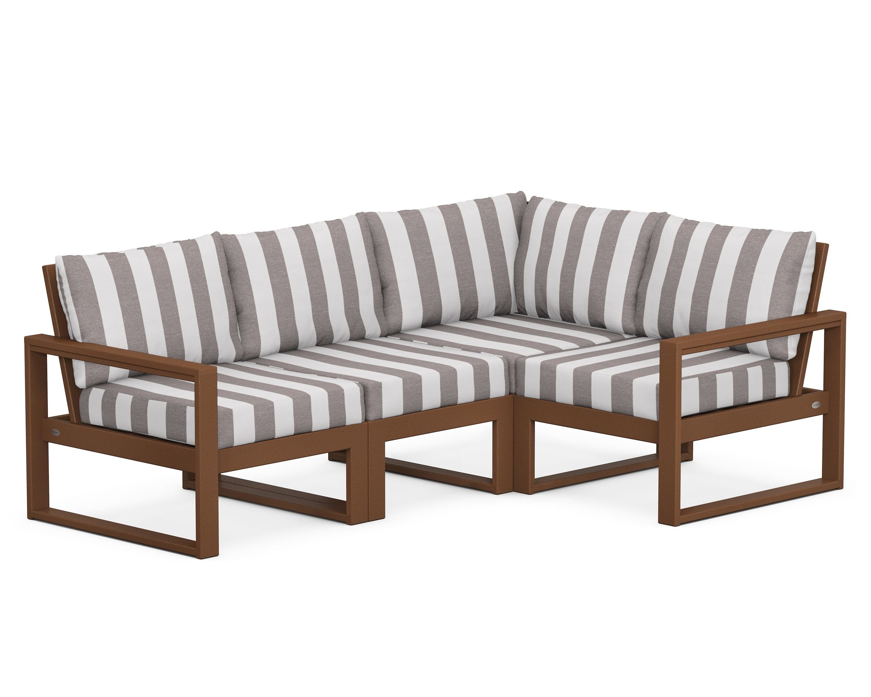 POLYWOOD® EDGE 4-Piece Modular Deep Seating Set in Teak / Cabana Stripe Grey Mist