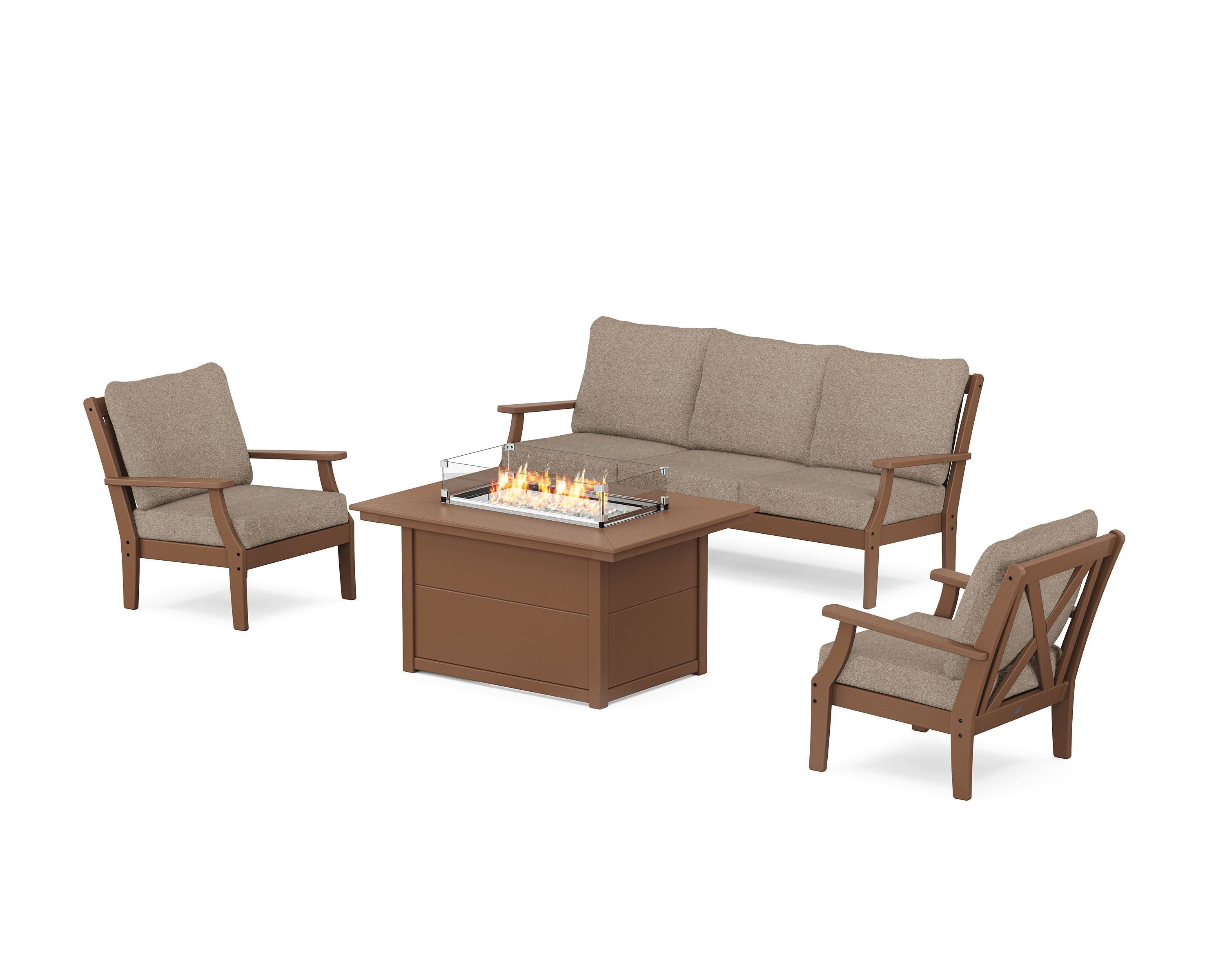 POLYWOOD® Braxton Deep Seating Fire Pit Table Set in Teak / Spiced Burlap