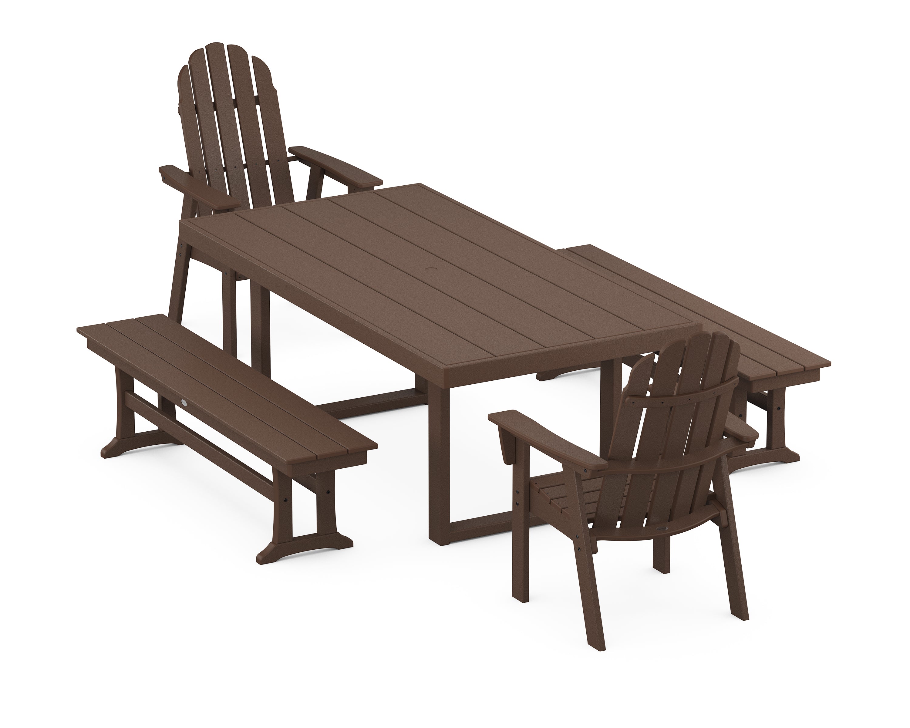 POLYWOOD® Vineyard Adirondack 5-Piece Dining Set with Benches in Mahogany