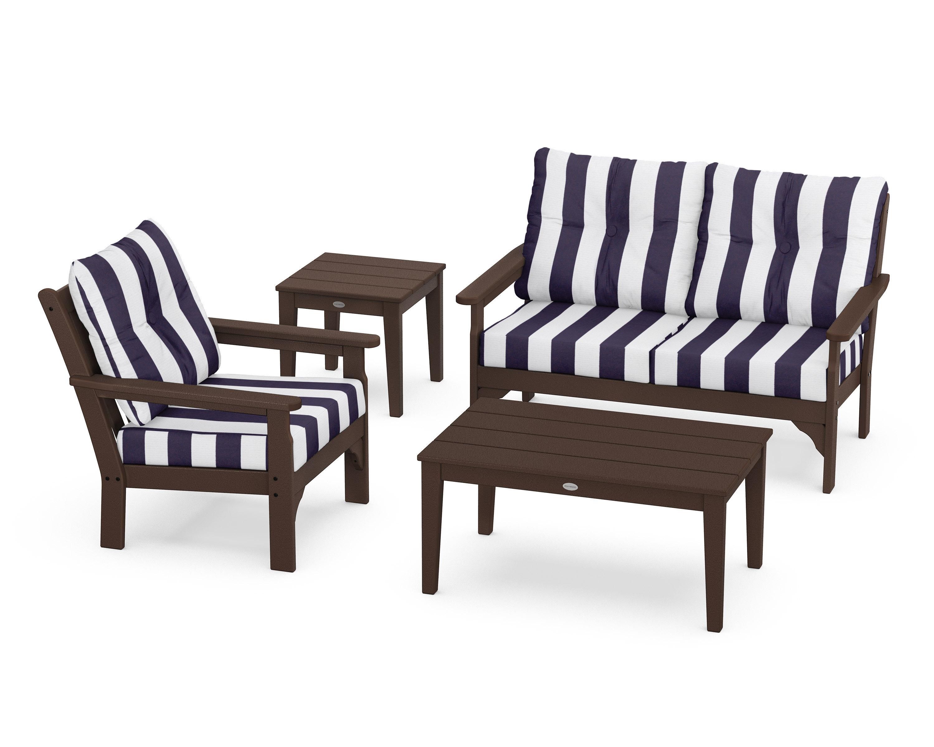 POLYWOOD® Vineyard 4-Piece Deep Seating Set in Mahogany / Cabana Stripe Navy
