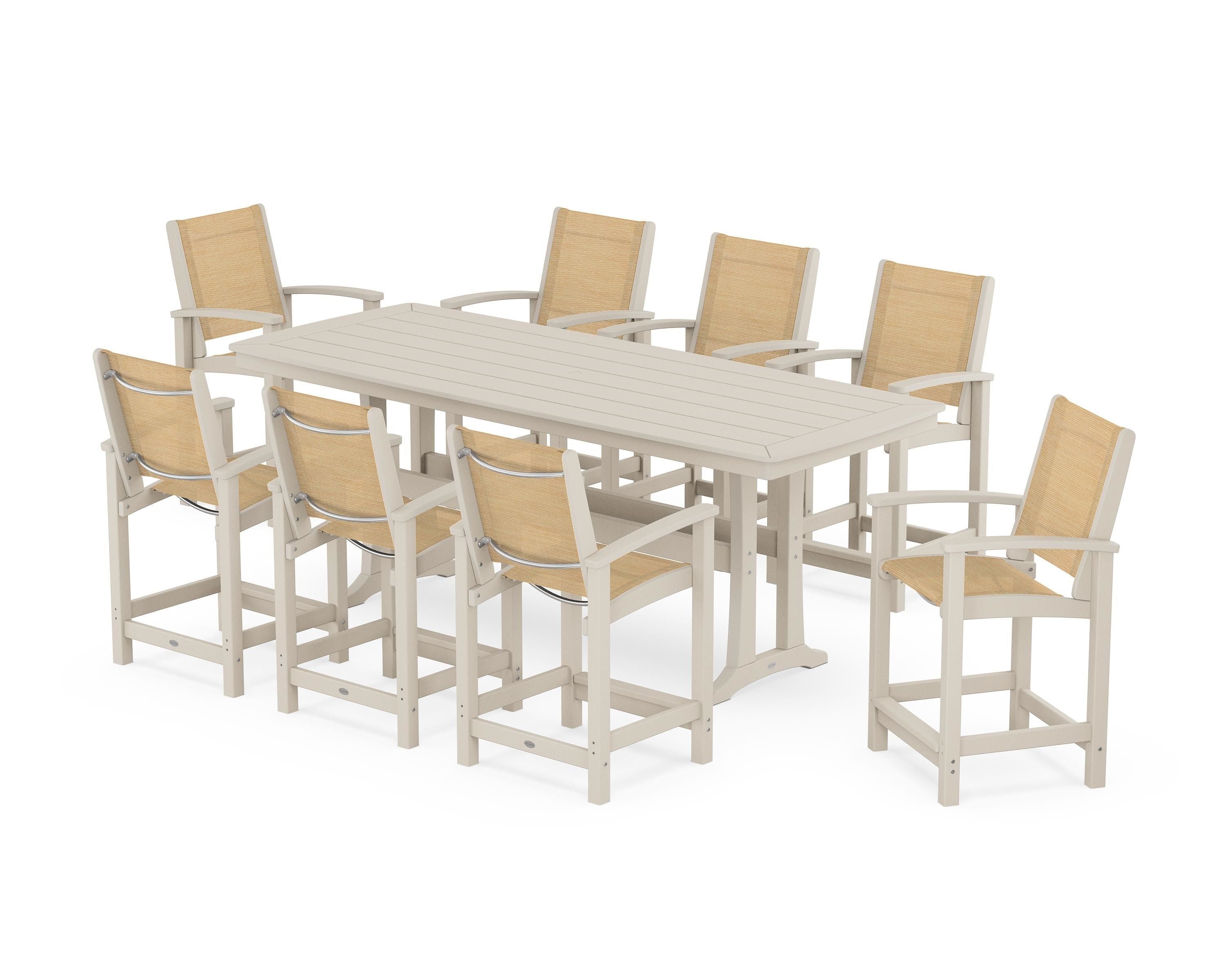 POLYWOOD® Coastal 9-Piece Counter Set with Trestle Legs in Sand / Dupioni Apricot Sling
