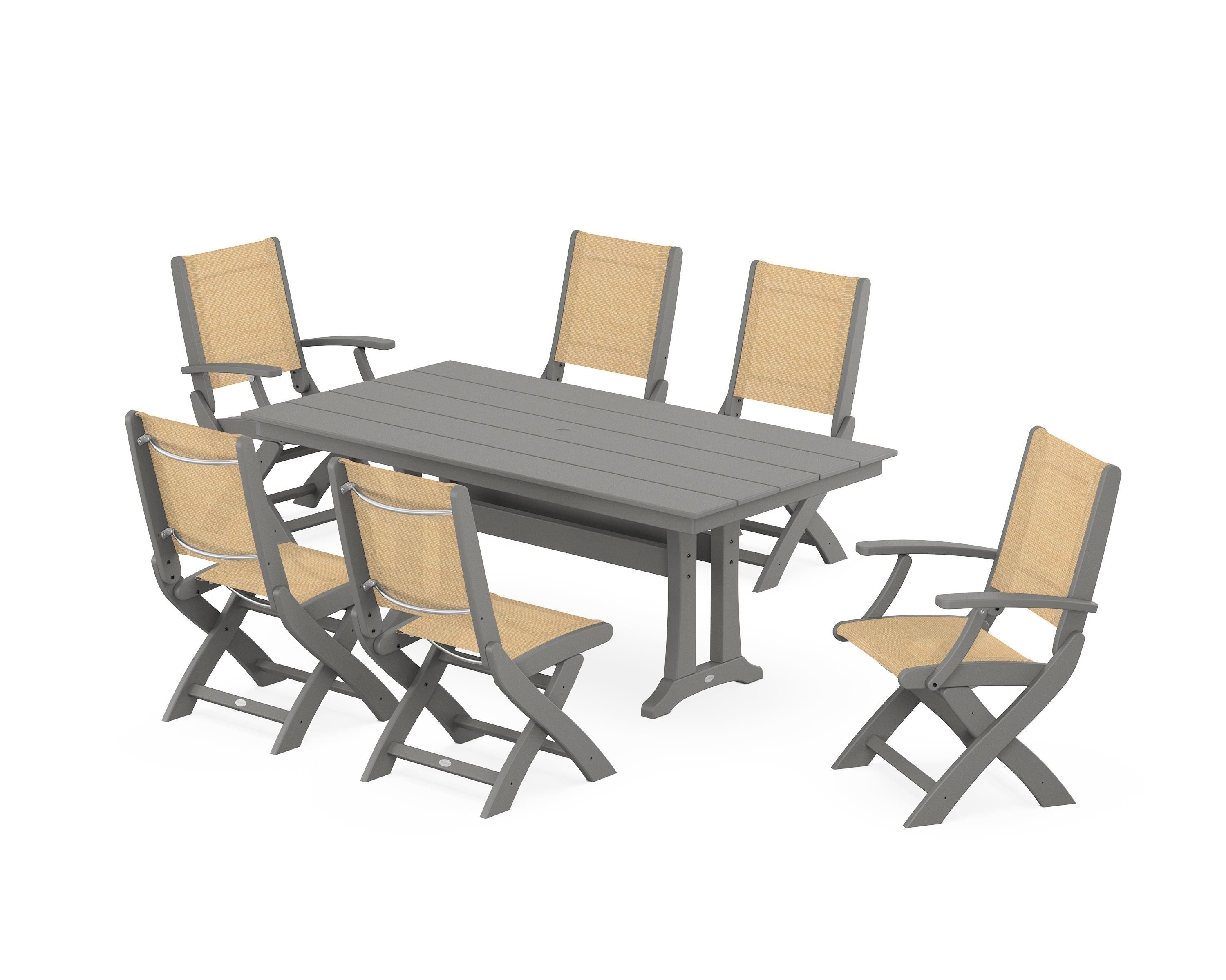 POLYWOOD® Coastal Folding Chair 7-Piece Farmhouse Dining Set with Trestle Legs in Slate Grey / Dupioni Apricot Sling