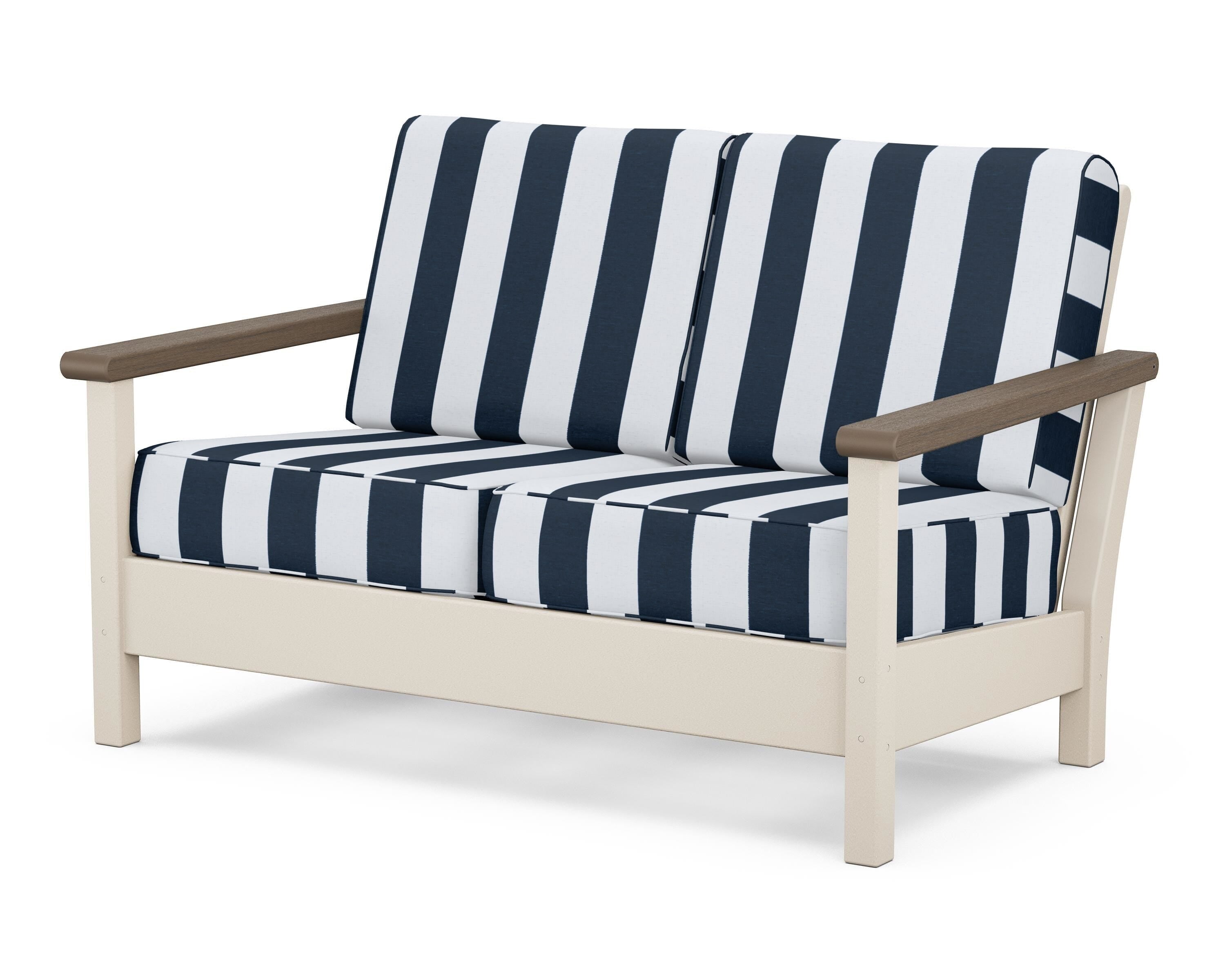POLYWOOD® Harbour Deep Seating Loveseat in Sand / Kona / Cabana Stripe Marine Indigo