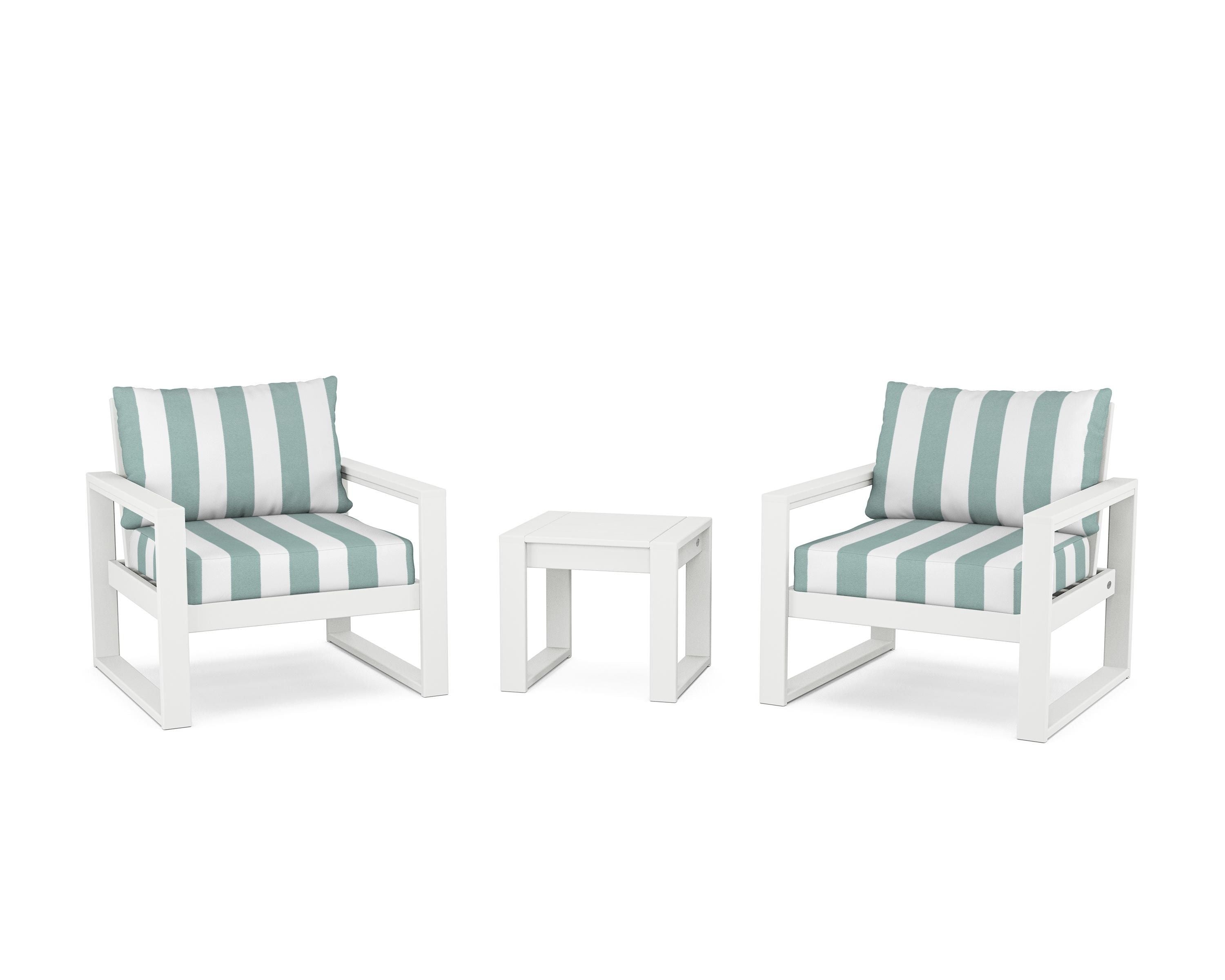 POLYWOOD® EDGE Sectional 3-Piece Deep Seating Set in White / Cabana Stripe Glacier Spa