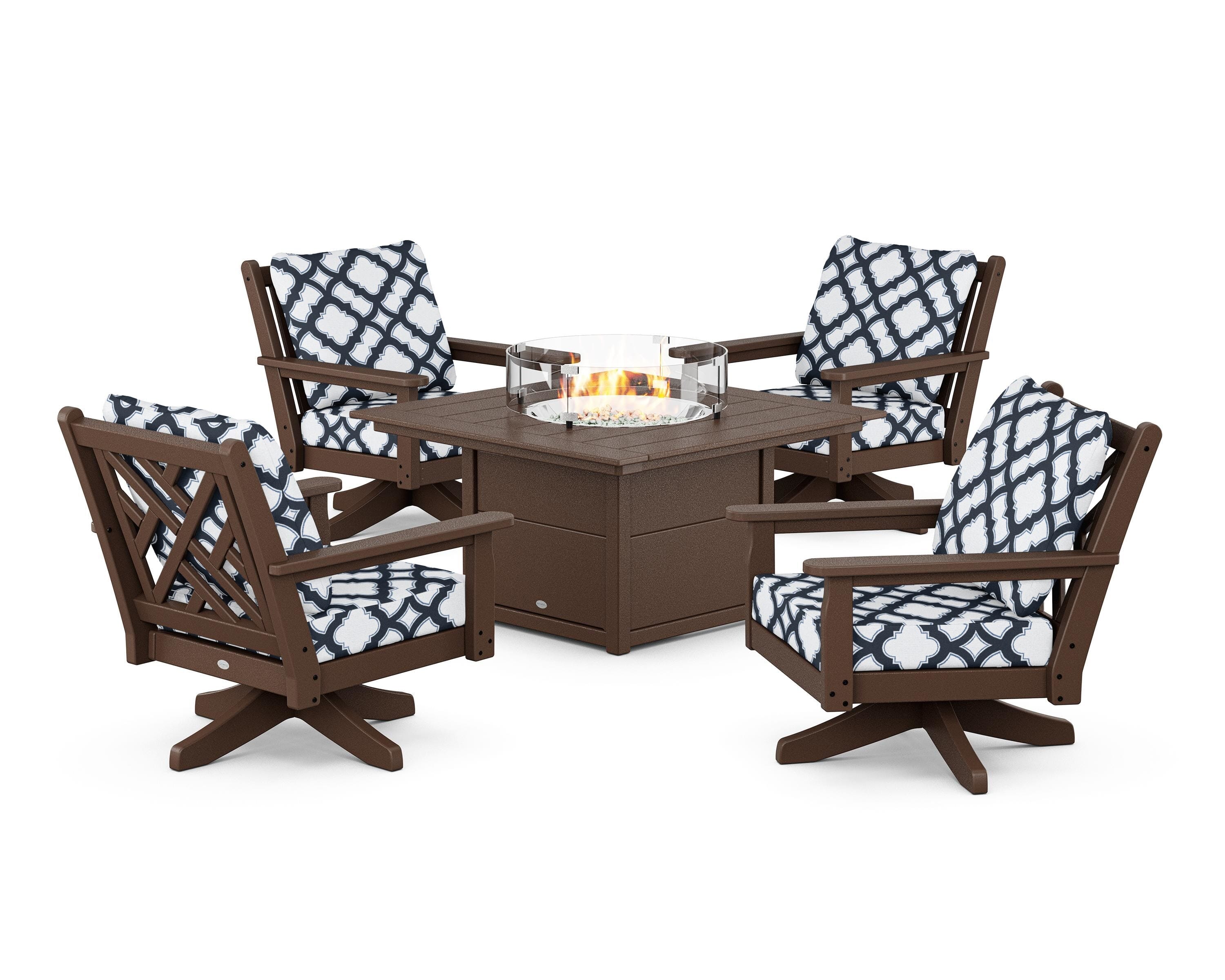 POLYWOOD® Chippendale 5-Piece Deep Seating Swivel Conversation Set with Fire Pit Table in Mahogany / Trellis Marine Indigo
