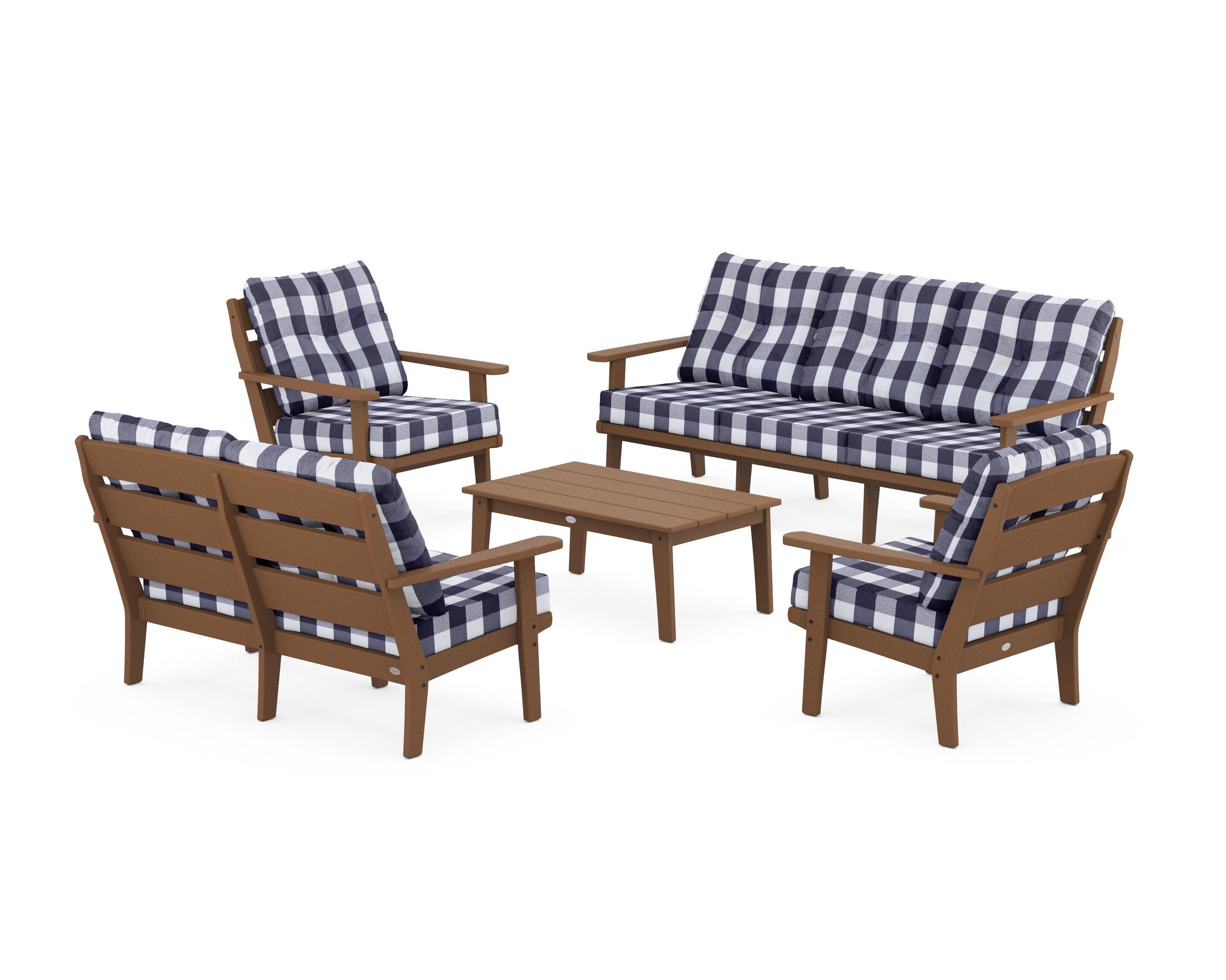 POLYWOOD® Lakeside 5-Piece Lounge Sofa Set in Teak / Buffalo Plaid Navy