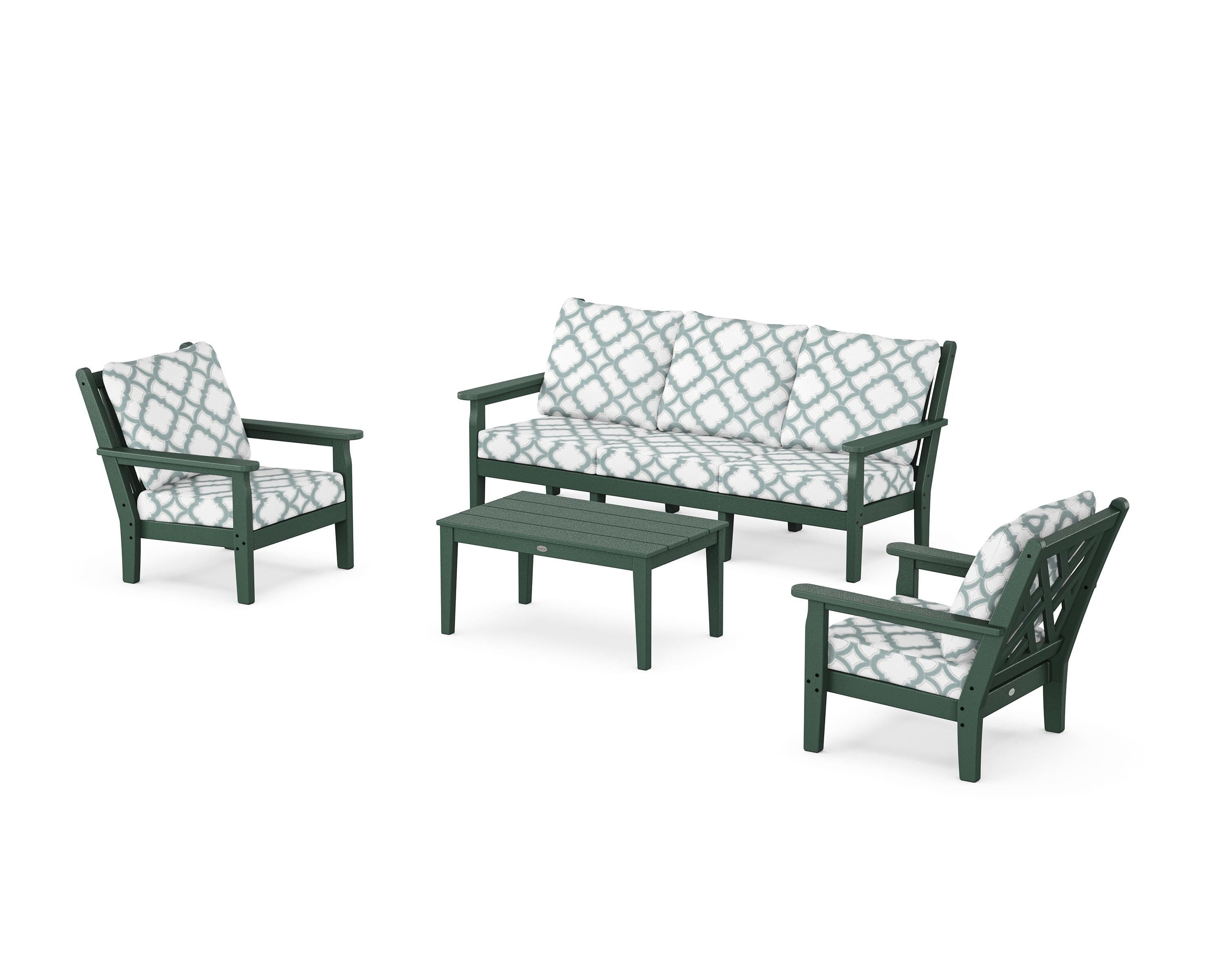 POLYWOOD® Chippendale 4-Piece Deep Seating Set with Sofa in Green / Trellis Glacier Spa