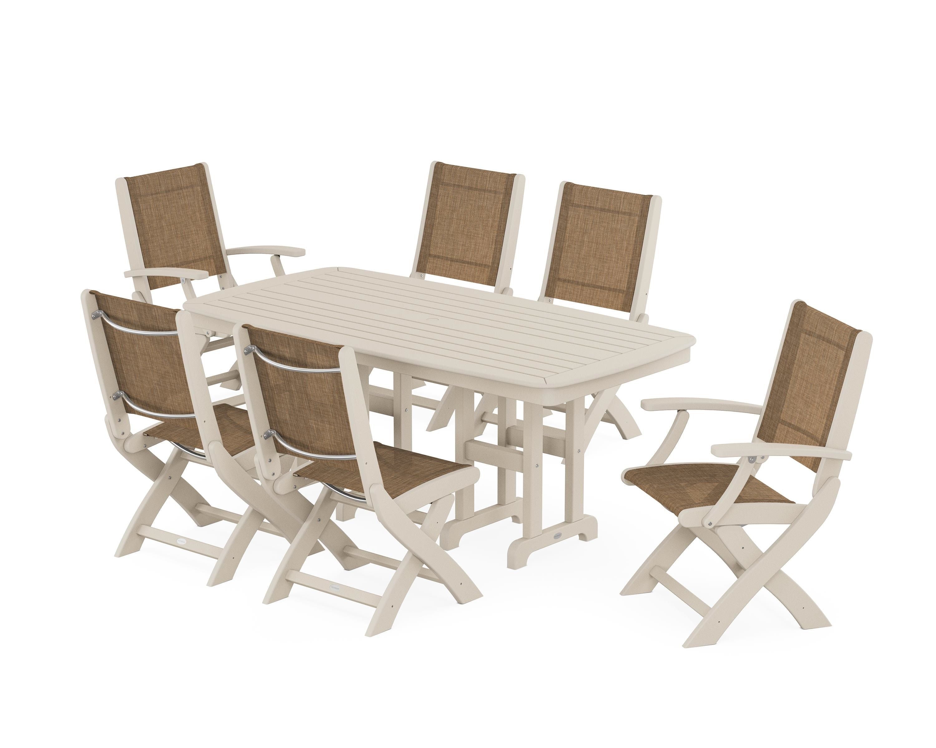 POLYWOOD® Coastal Folding Chair 7-Piece Dining Set in Sand / Burlap Sling