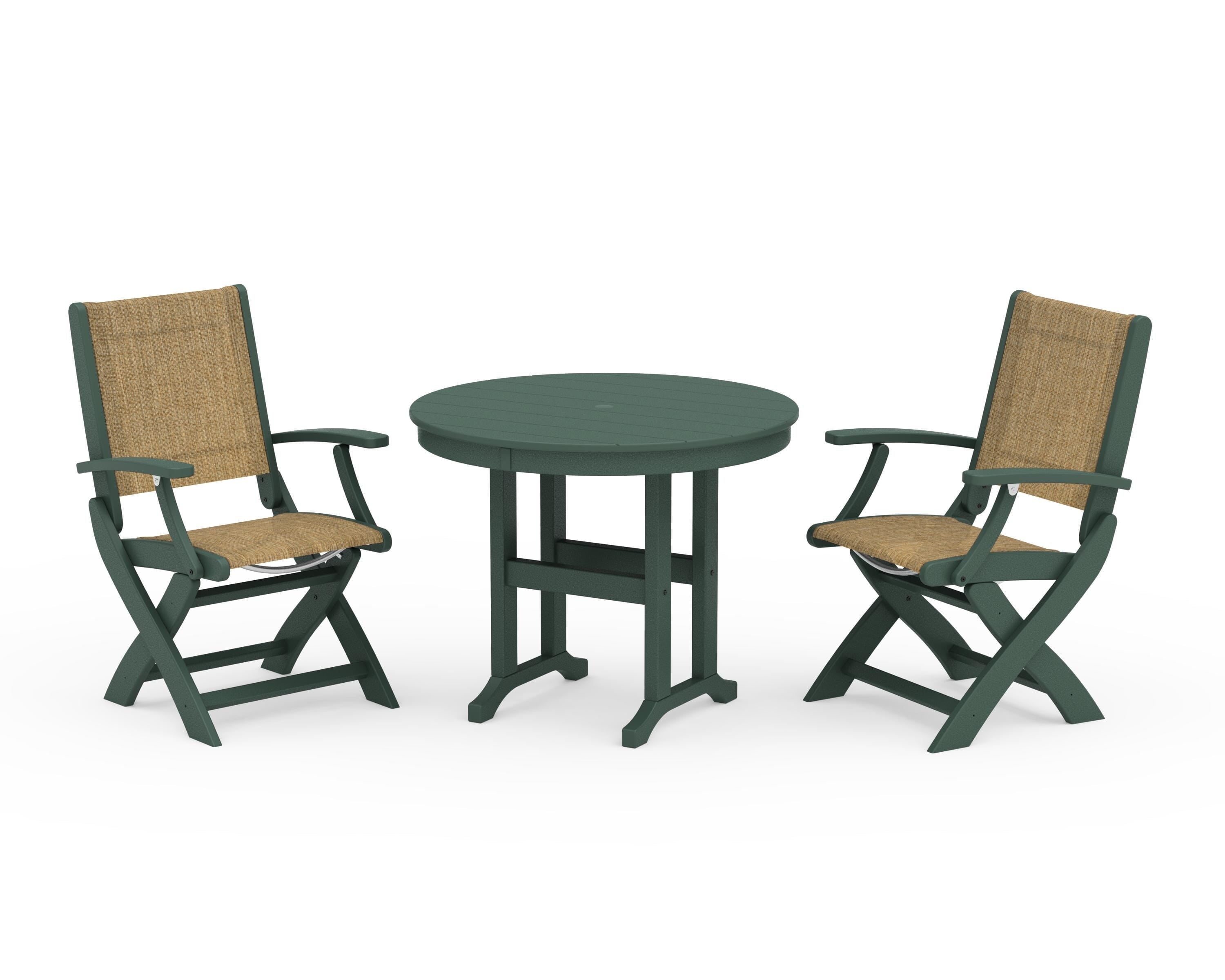 POLYWOOD® Coastal Folding Chair 3-Piece Round Dining Set in Green / Burlap Sling