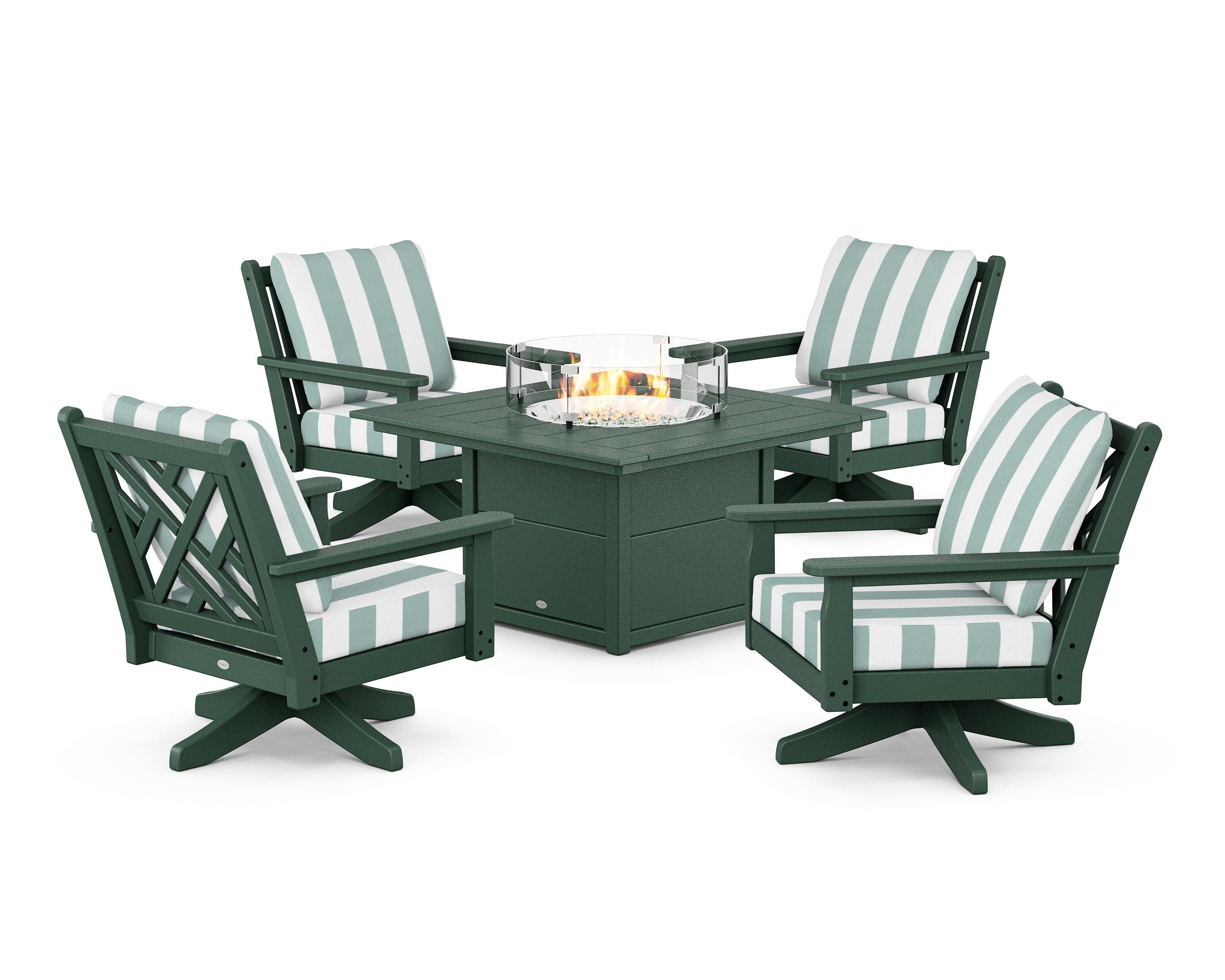 POLYWOOD® Chippendale 5-Piece Deep Seating Swivel Conversation Set with Fire Pit Table in Green / Cabana Stripe Glacier Spa
